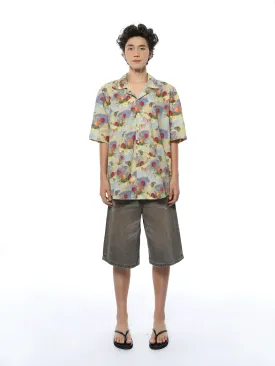 Floral Watercolor Print Oversized Short Sleeve Button-Up Shirt