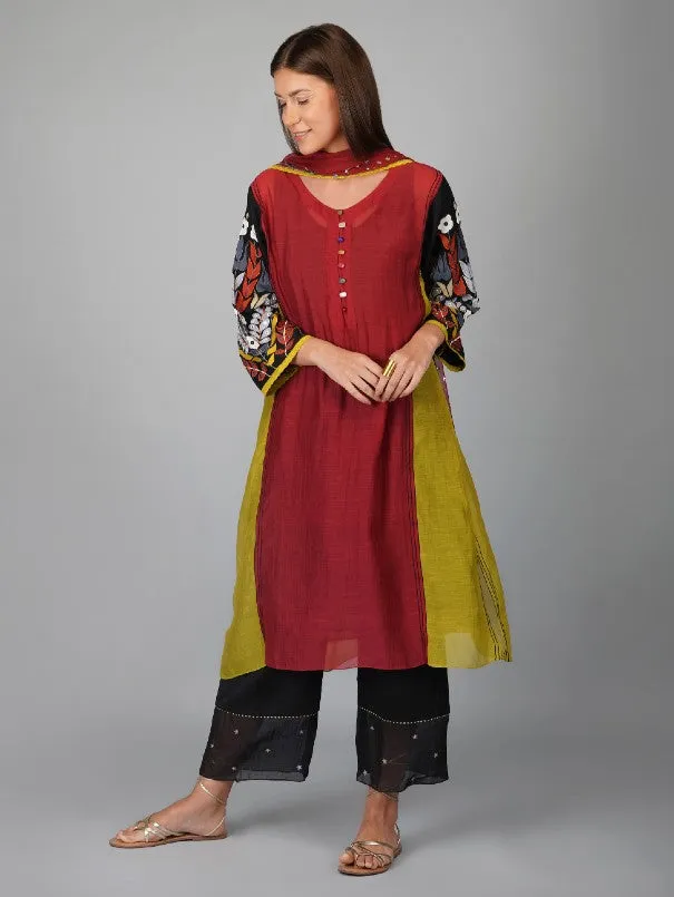 Garnet Red Applique Sleeves Panelled Chanderi Kurta Set (Set of 4)