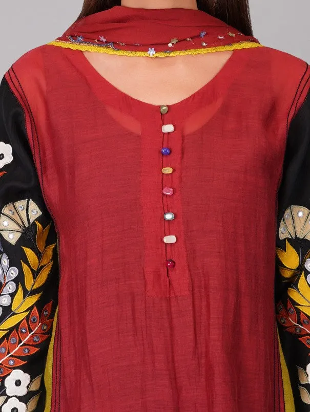 Garnet Red Applique Sleeves Panelled Chanderi Kurta Set (Set of 4)