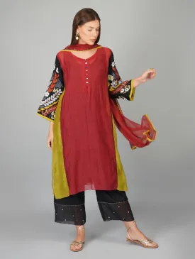 Garnet Red Applique Sleeves Panelled Chanderi Kurta Set (Set of 4)
