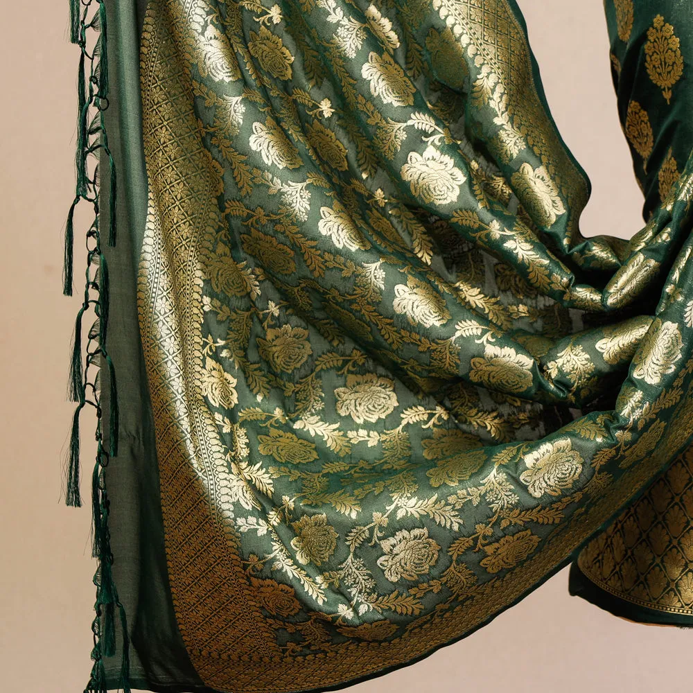 Green - 3pc Banarasi Jaal & Buti Cutwork Silk Zari Work Suit Material Set