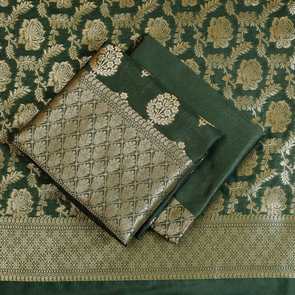 Green - 3pc Banarasi Jaal & Buti Cutwork Silk Zari Work Suit Material Set