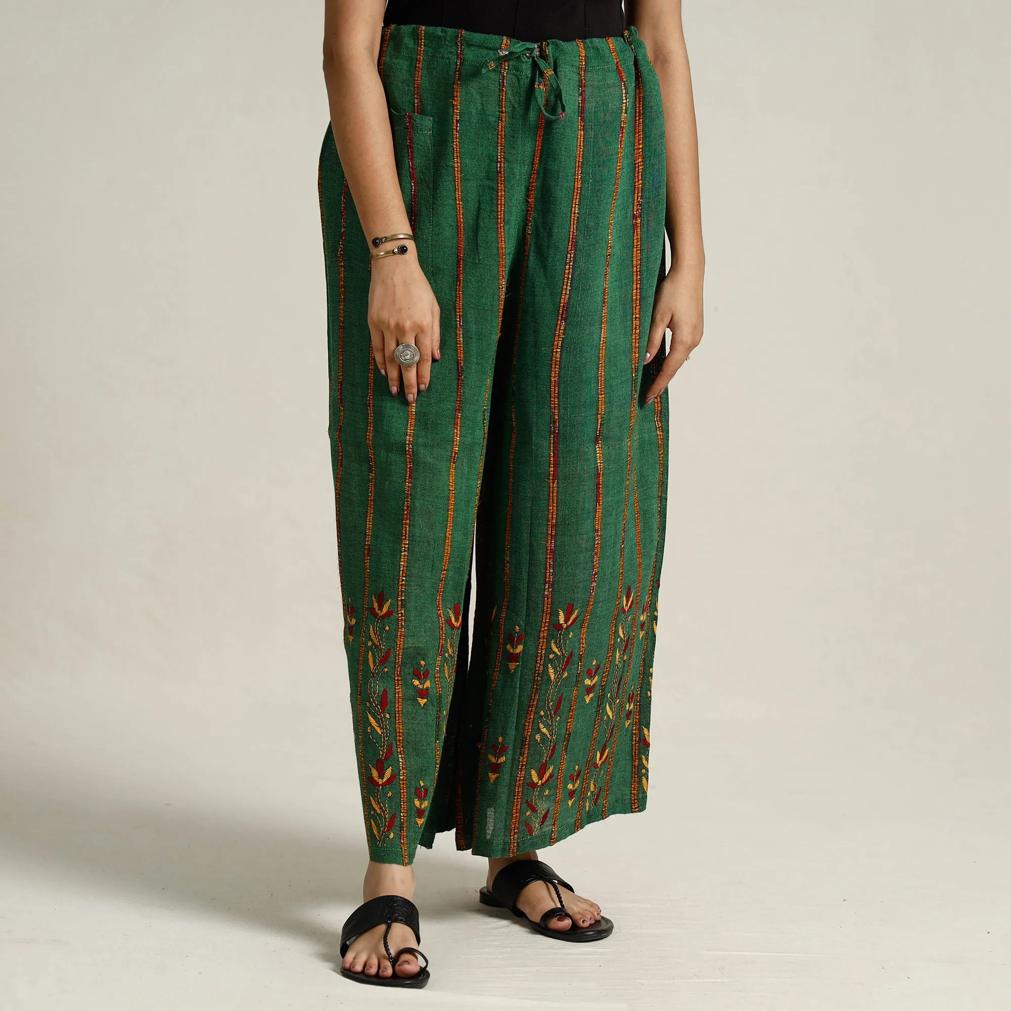Green - Bengal Khesh Weaving Kantha Embroidery Cotton Palazzo 91