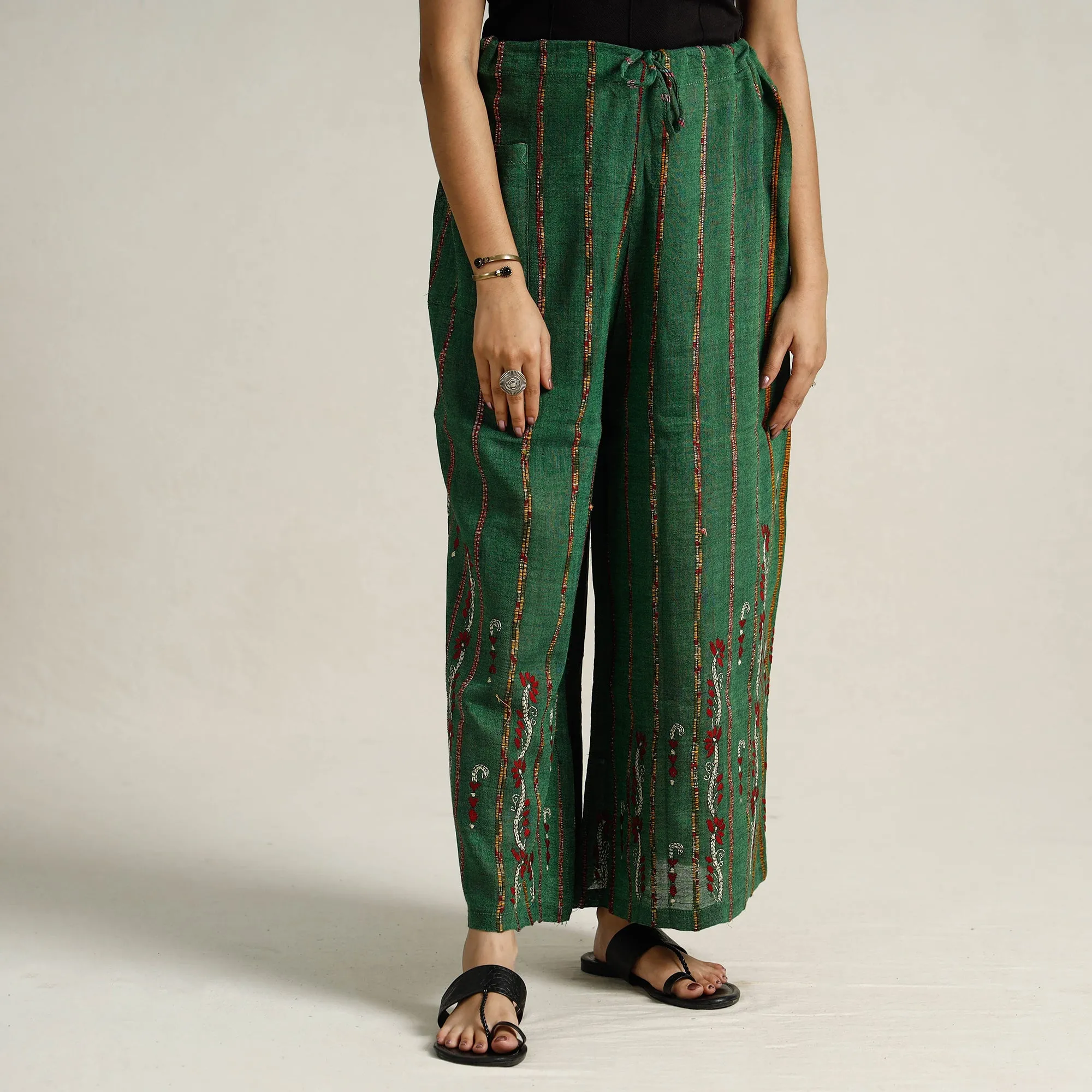 Green - Bengal Khesh Weaving Kantha Embroidery Cotton Palazzo 95