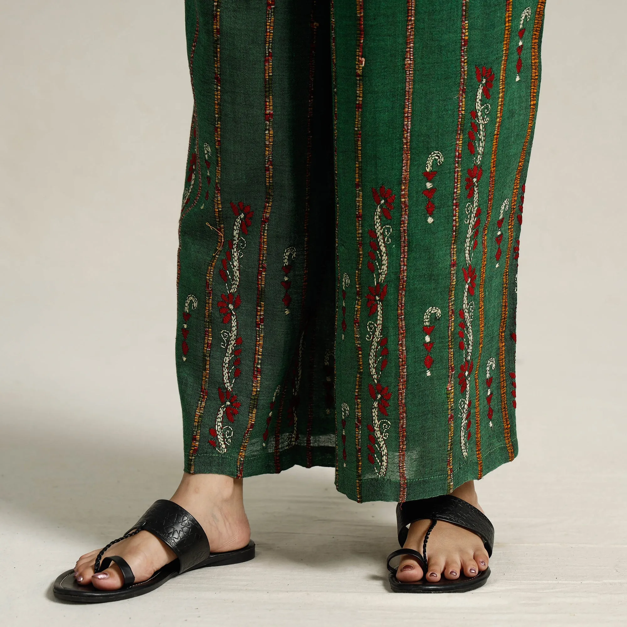 Green - Bengal Khesh Weaving Kantha Embroidery Cotton Palazzo 95