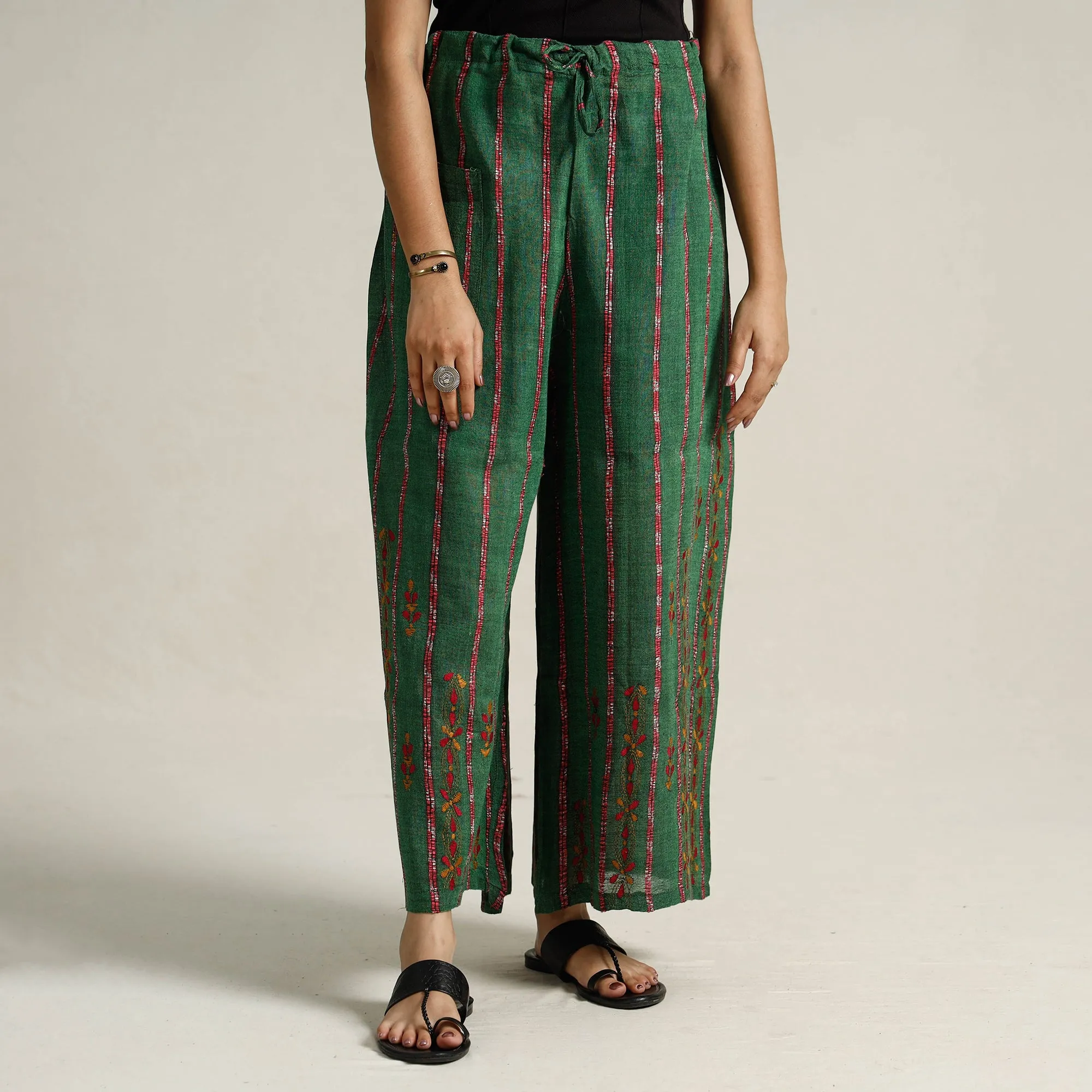 Green - Bengal Khesh Weaving Kantha Embroidery Cotton Palazzo 97
