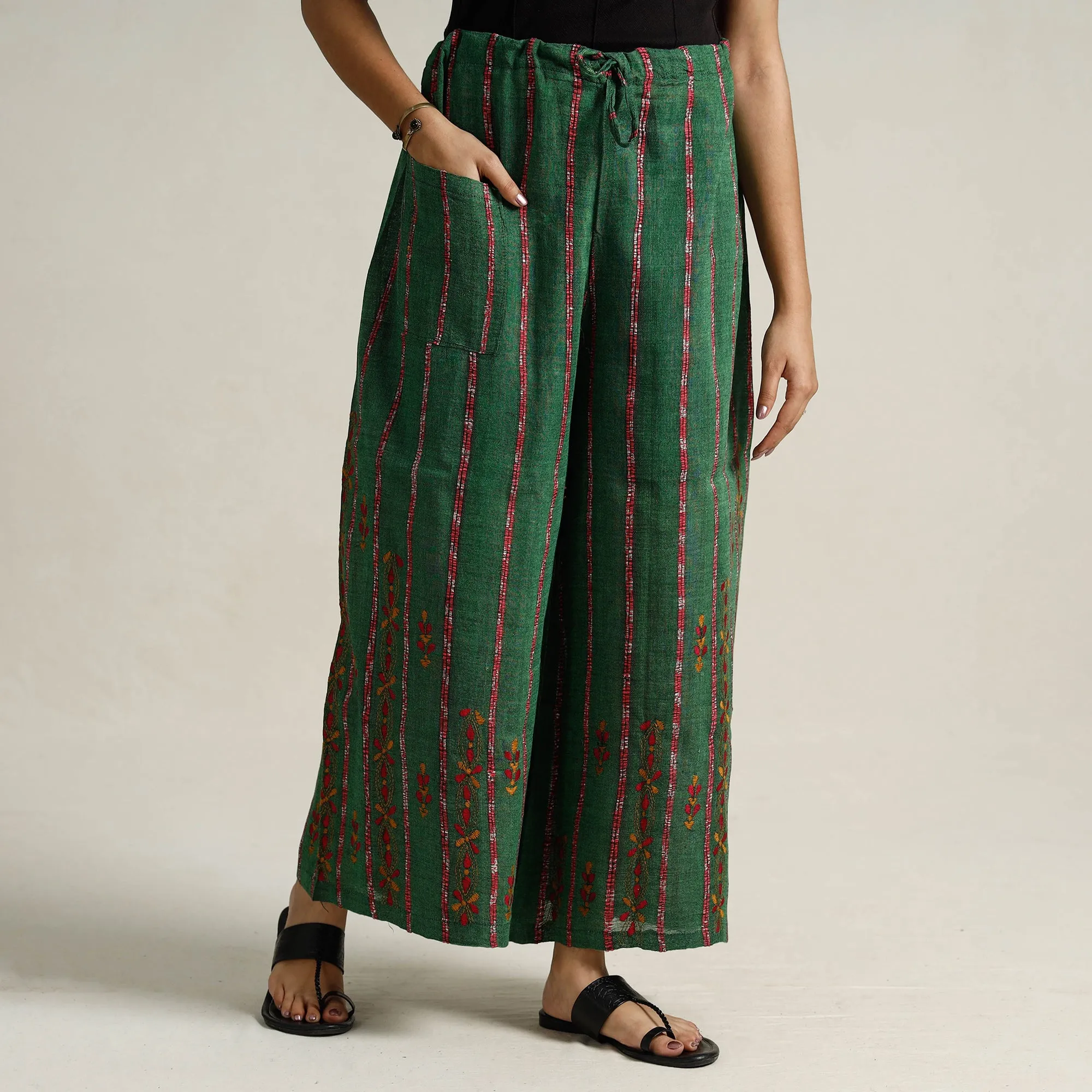 Green - Bengal Khesh Weaving Kantha Embroidery Cotton Palazzo 97