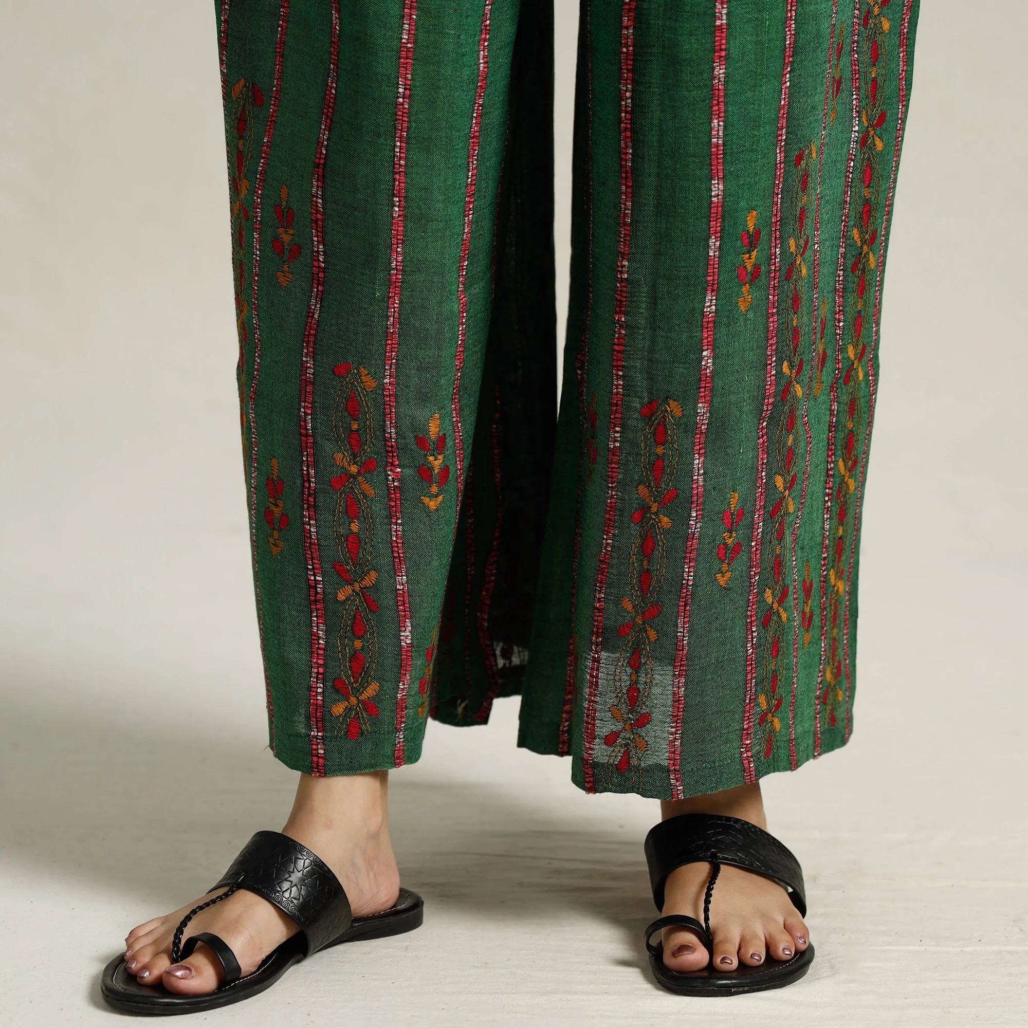Green - Bengal Khesh Weaving Kantha Embroidery Cotton Palazzo 97