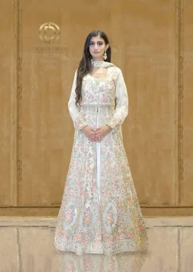 Grey and Pink Resham work Jacket Length Lehenga with Dupatta by Oorvi Desai