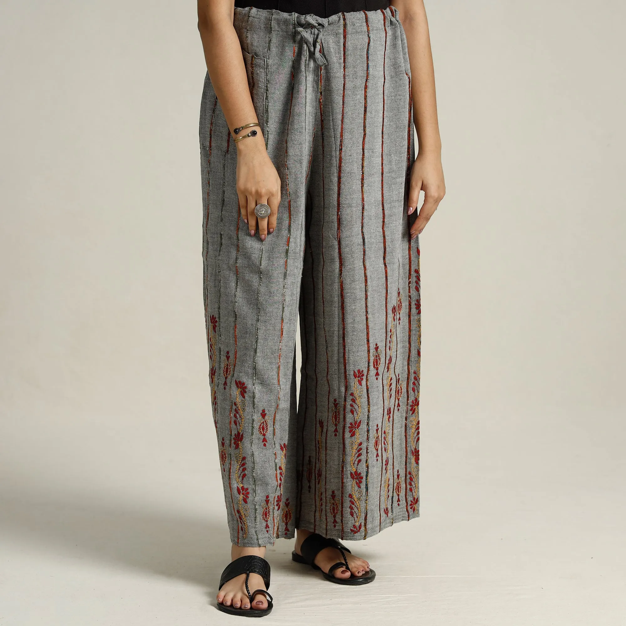Grey - Bengal Khesh Weaving Kantha Embroidery Cotton Palazzo 58
