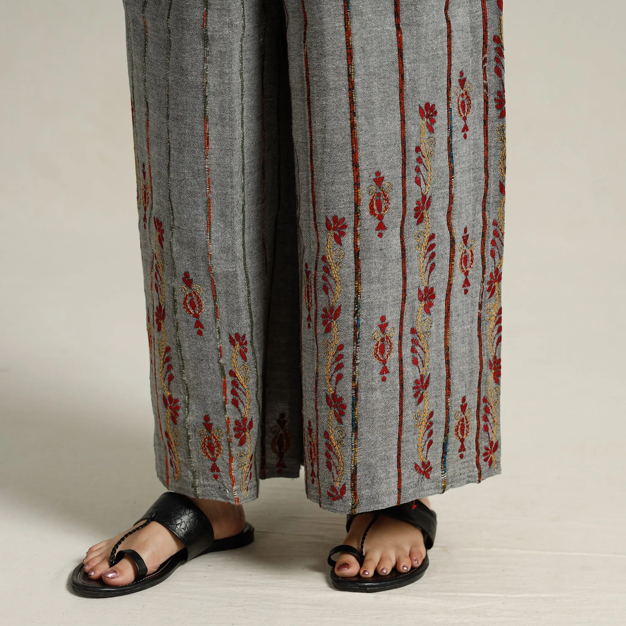 Grey - Bengal Khesh Weaving Kantha Embroidery Cotton Palazzo 58
