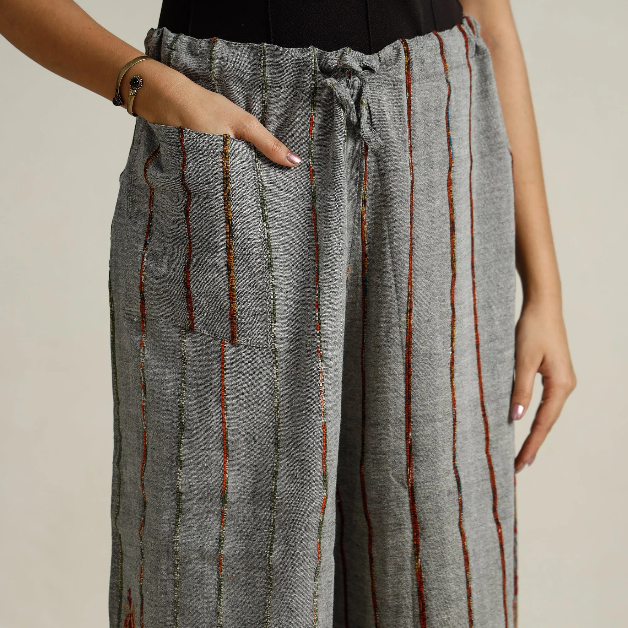 Grey - Bengal Khesh Weaving Kantha Embroidery Cotton Palazzo 58