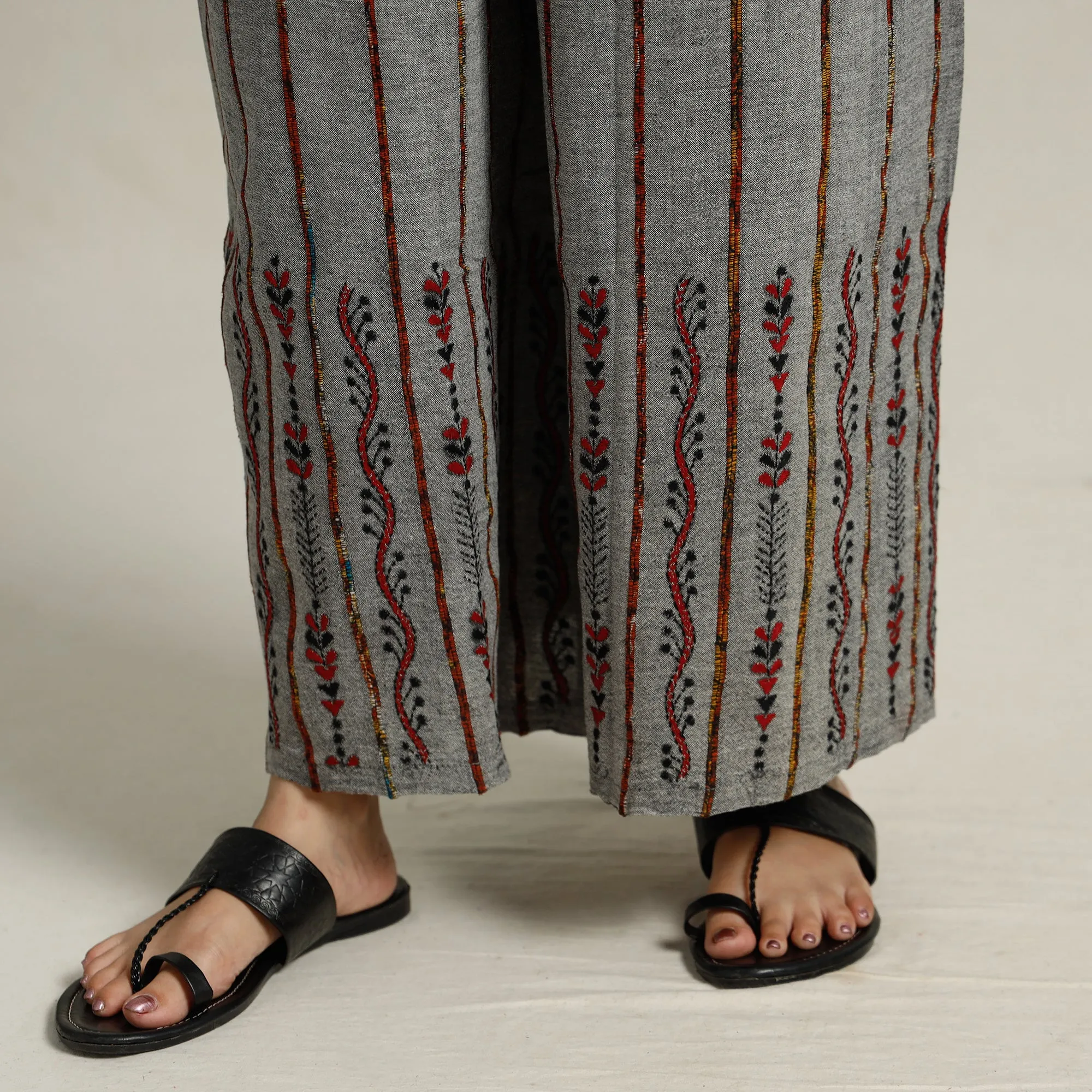 Grey - Bengal Khesh Weaving Kantha Embroidery Cotton Palazzo 59