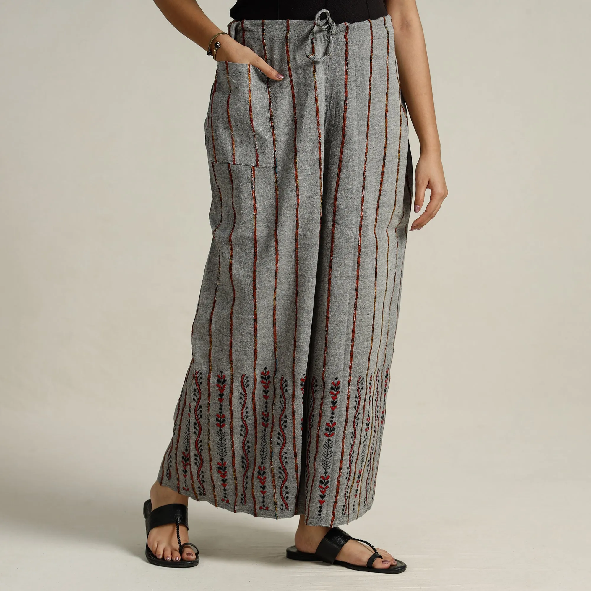 Grey - Bengal Khesh Weaving Kantha Embroidery Cotton Palazzo 59