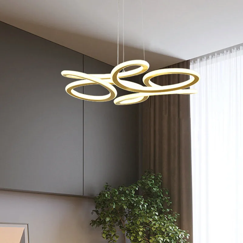 LED Chandelier Light with Aluminum Shade - Modern Gold Ribbon Design - Warm/White Light