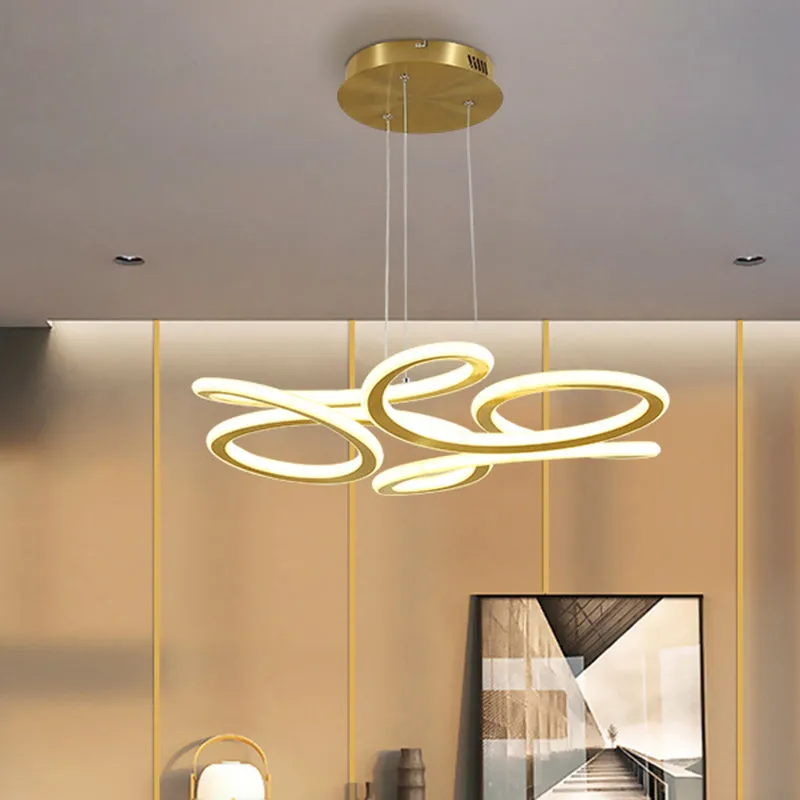 LED Chandelier Light with Aluminum Shade - Modern Gold Ribbon Design - Warm/White Light
