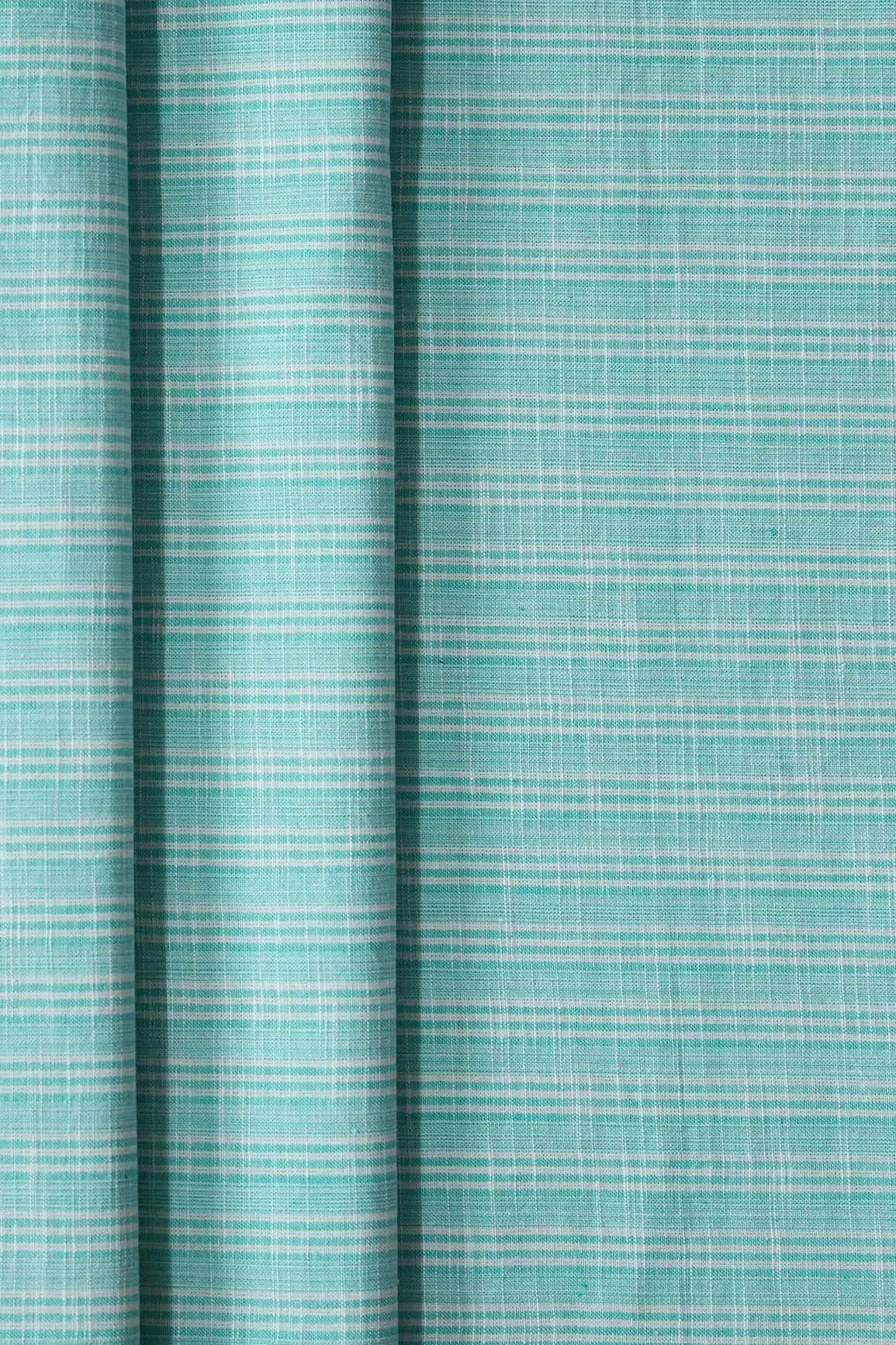 Light Sky And White Stripes Pattern Handwoven Organic Cotton Fabric