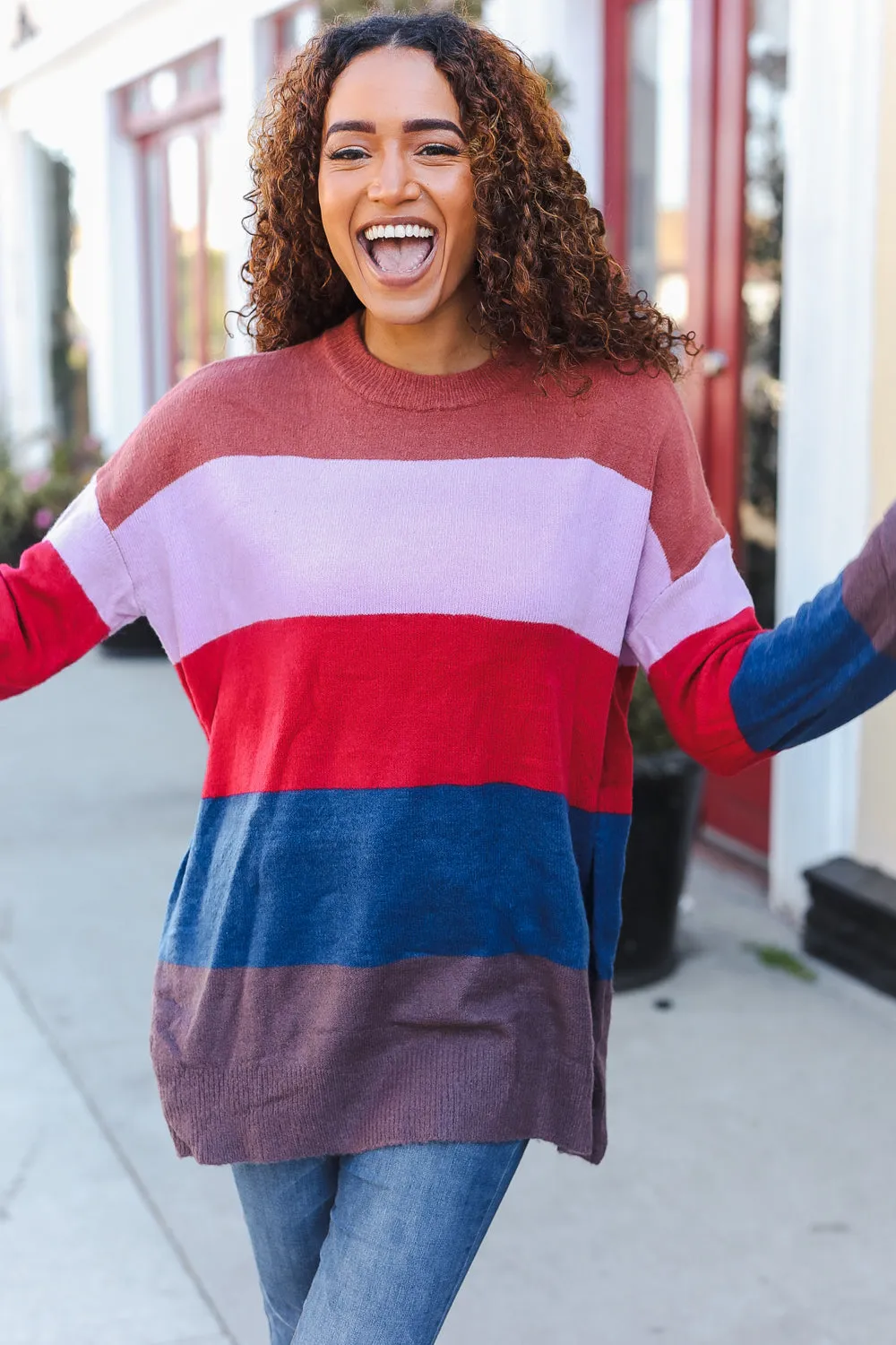 Lock Eyes Lilac Multi-Stripe Ribbed Knit Sweater Pullover (Open Pack)