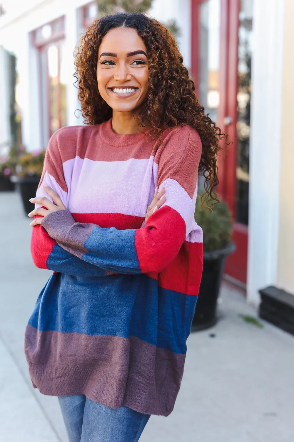 Lock Eyes Lilac Multi-Stripe Ribbed Knit Sweater Pullover (Open Pack)