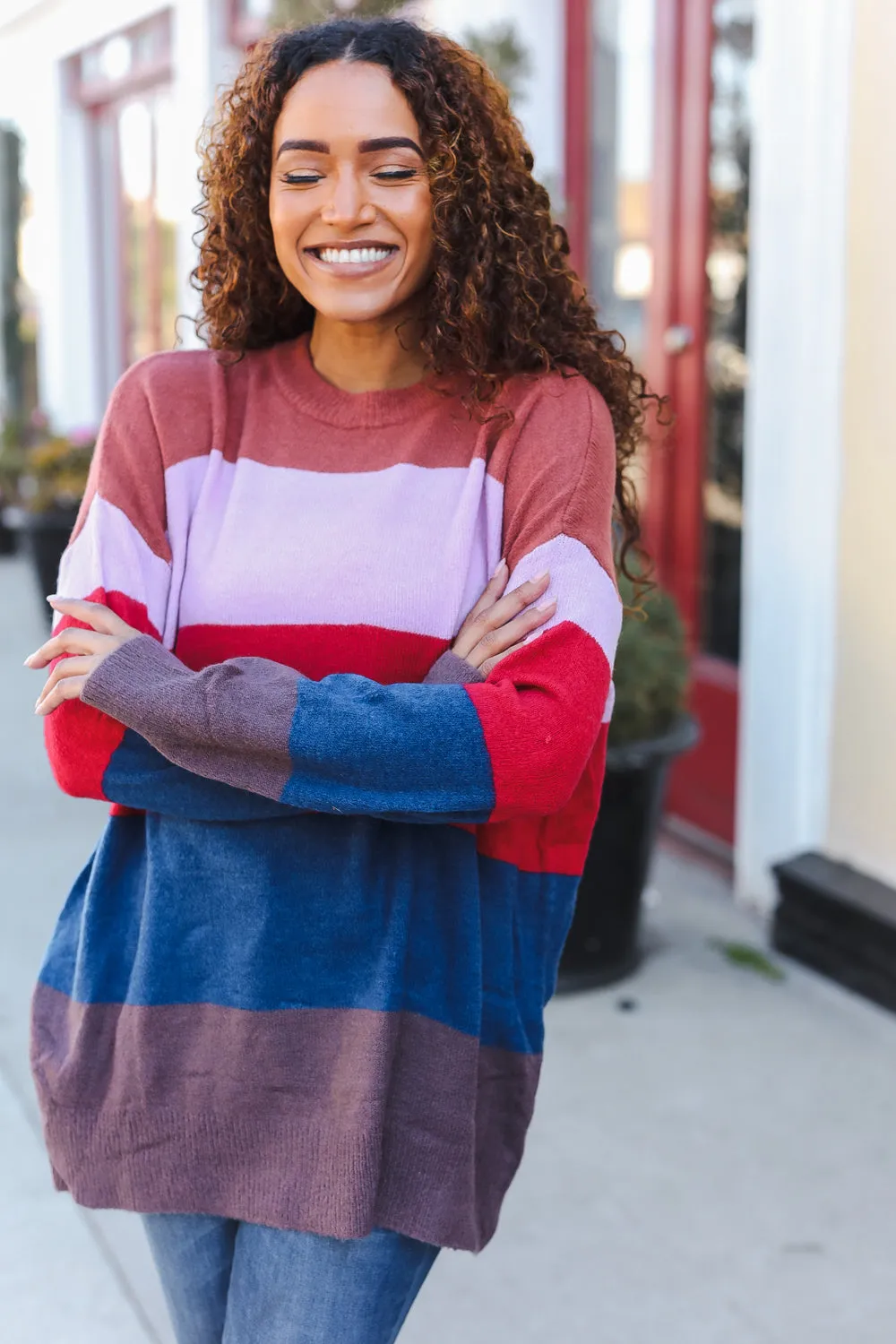 Lock Eyes Lilac Multi-Stripe Ribbed Knit Sweater Pullover (Open Pack)
