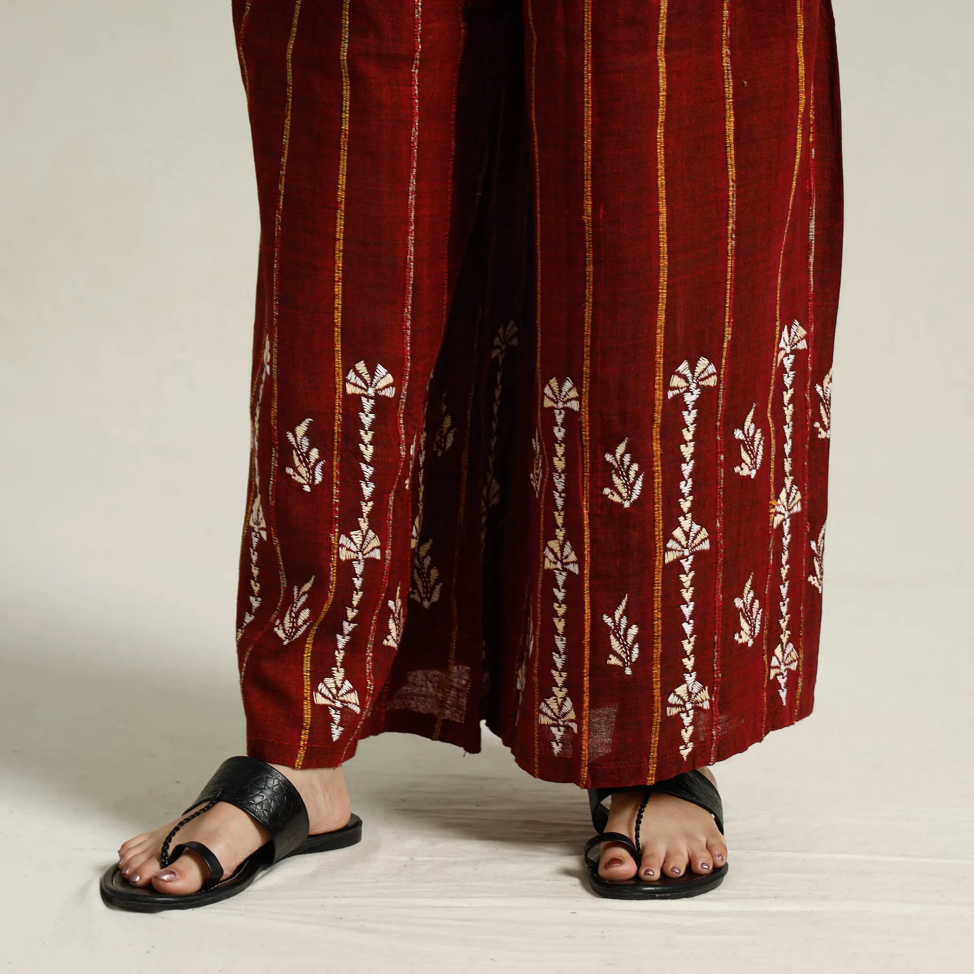 Maroon - Bengal Khesh Weaving Kantha Embroidery Cotton Palazzo 82