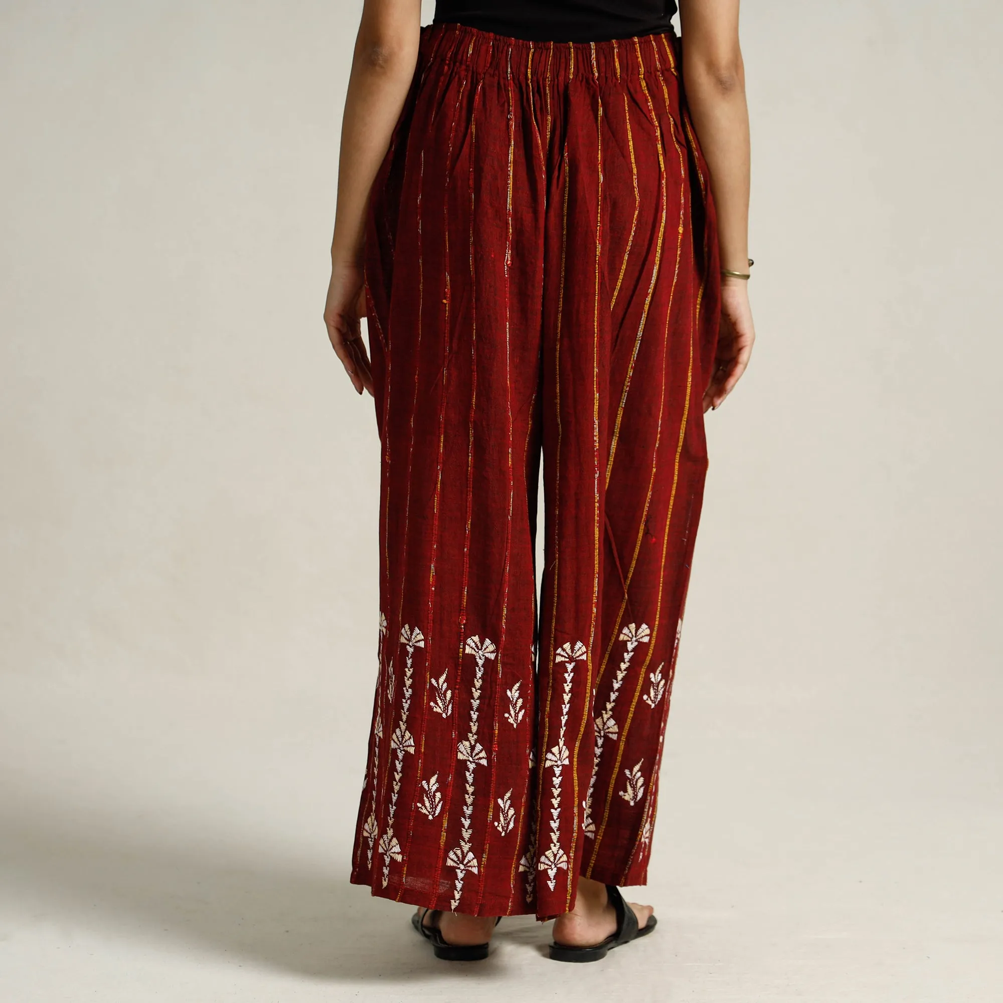 Maroon - Bengal Khesh Weaving Kantha Embroidery Cotton Palazzo 82