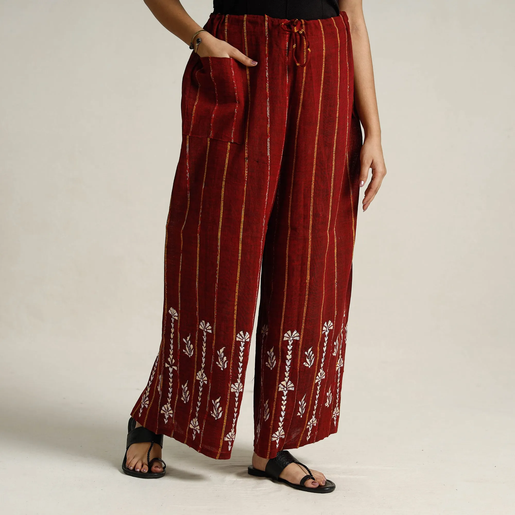 Maroon - Bengal Khesh Weaving Kantha Embroidery Cotton Palazzo 82