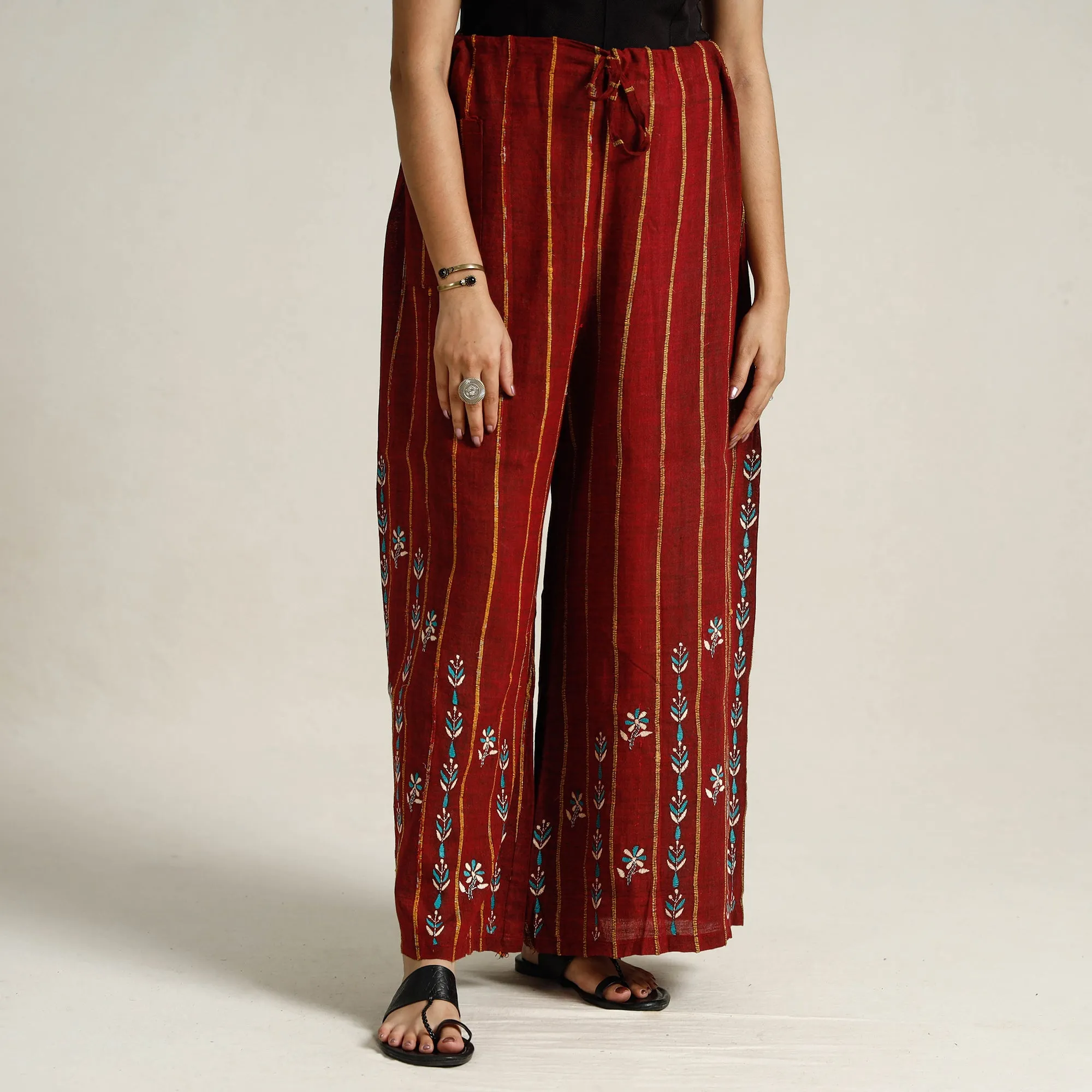 Maroon - Bengal Khesh Weaving Kantha Embroidery Cotton Palazzo 89
