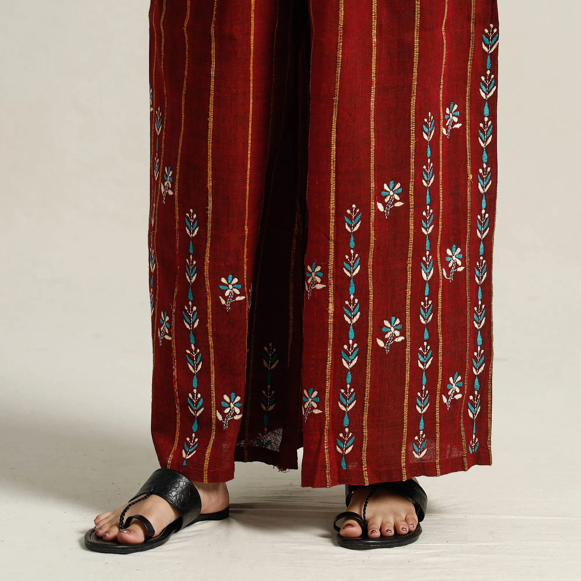 Maroon - Bengal Khesh Weaving Kantha Embroidery Cotton Palazzo 89