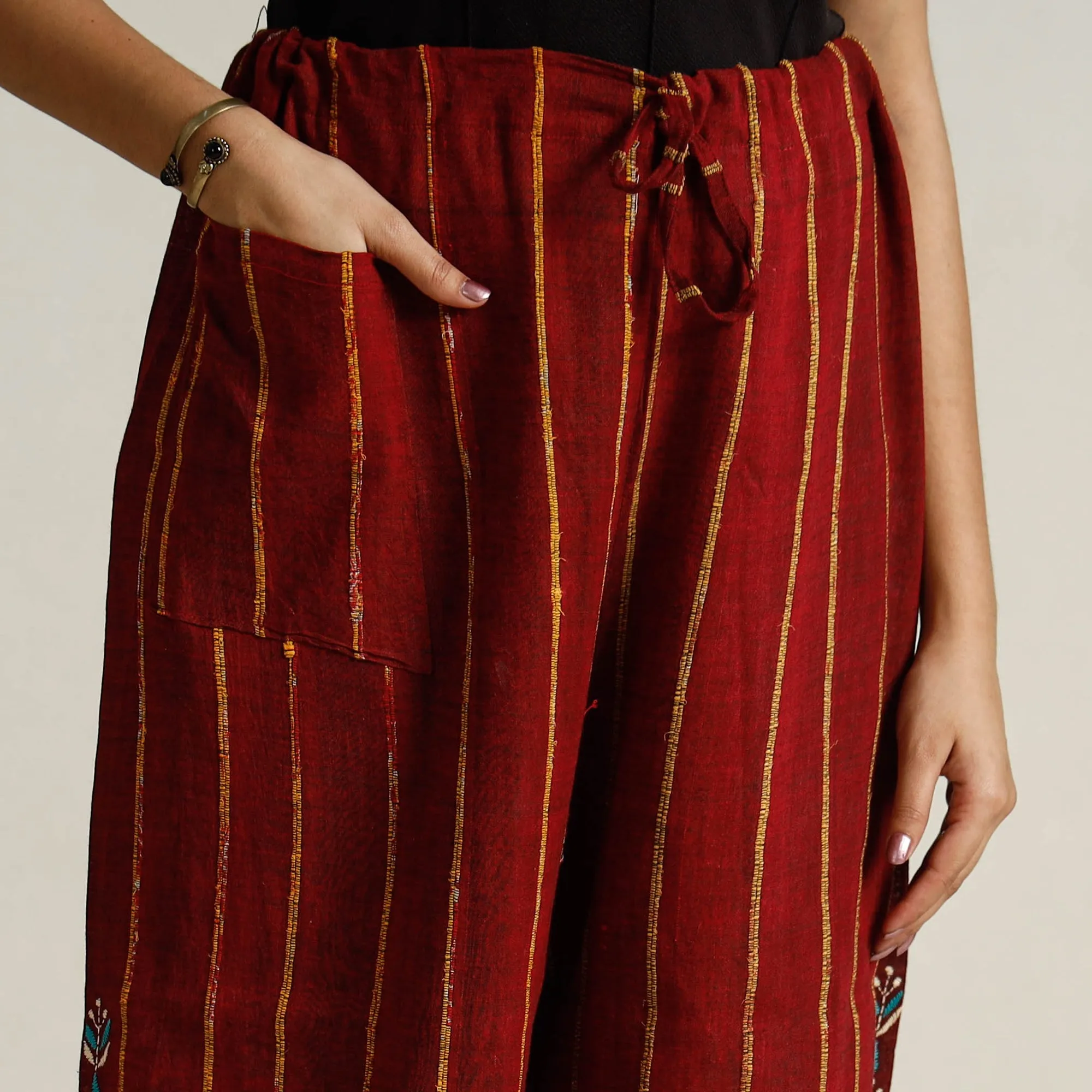 Maroon - Bengal Khesh Weaving Kantha Embroidery Cotton Palazzo 89