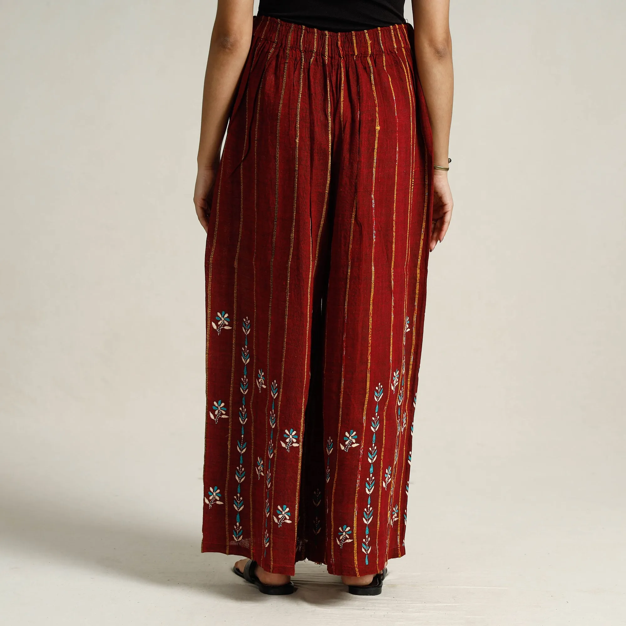 Maroon - Bengal Khesh Weaving Kantha Embroidery Cotton Palazzo 89