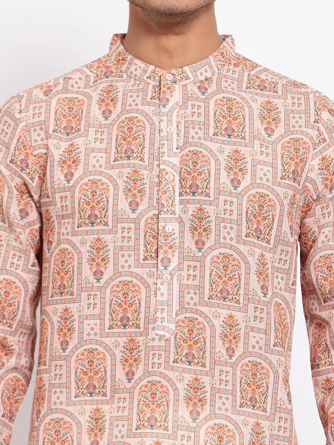 Men Peach-Coloured Printed Thread Work Pathani Kurta