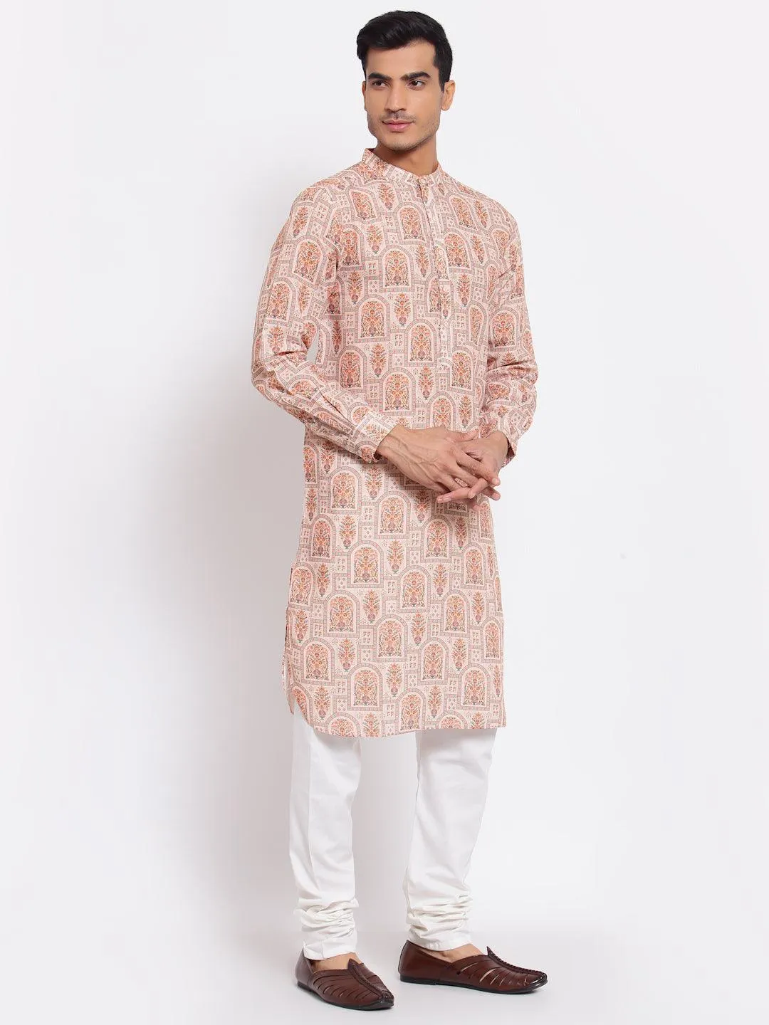 Men Peach-Coloured Printed Thread Work Pathani Kurta