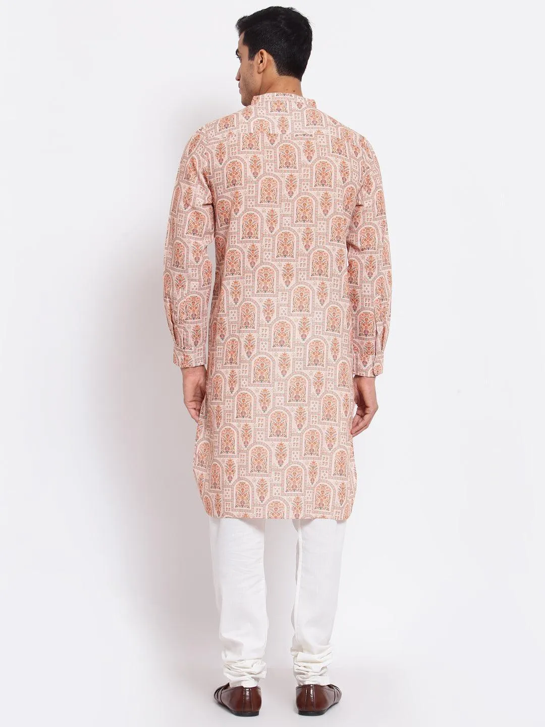 Men Peach-Coloured Printed Thread Work Pathani Kurta