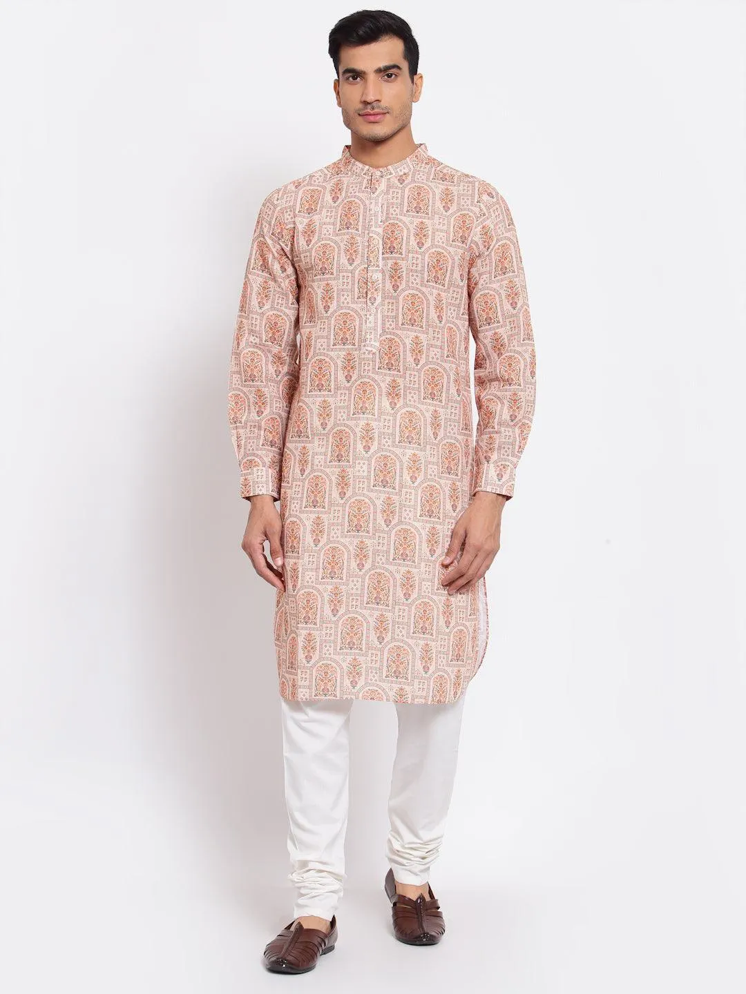 Men Peach-Coloured Printed Thread Work Pathani Kurta