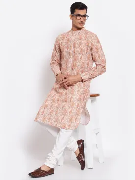 Men Peach-Coloured Printed Thread Work Pathani Kurta