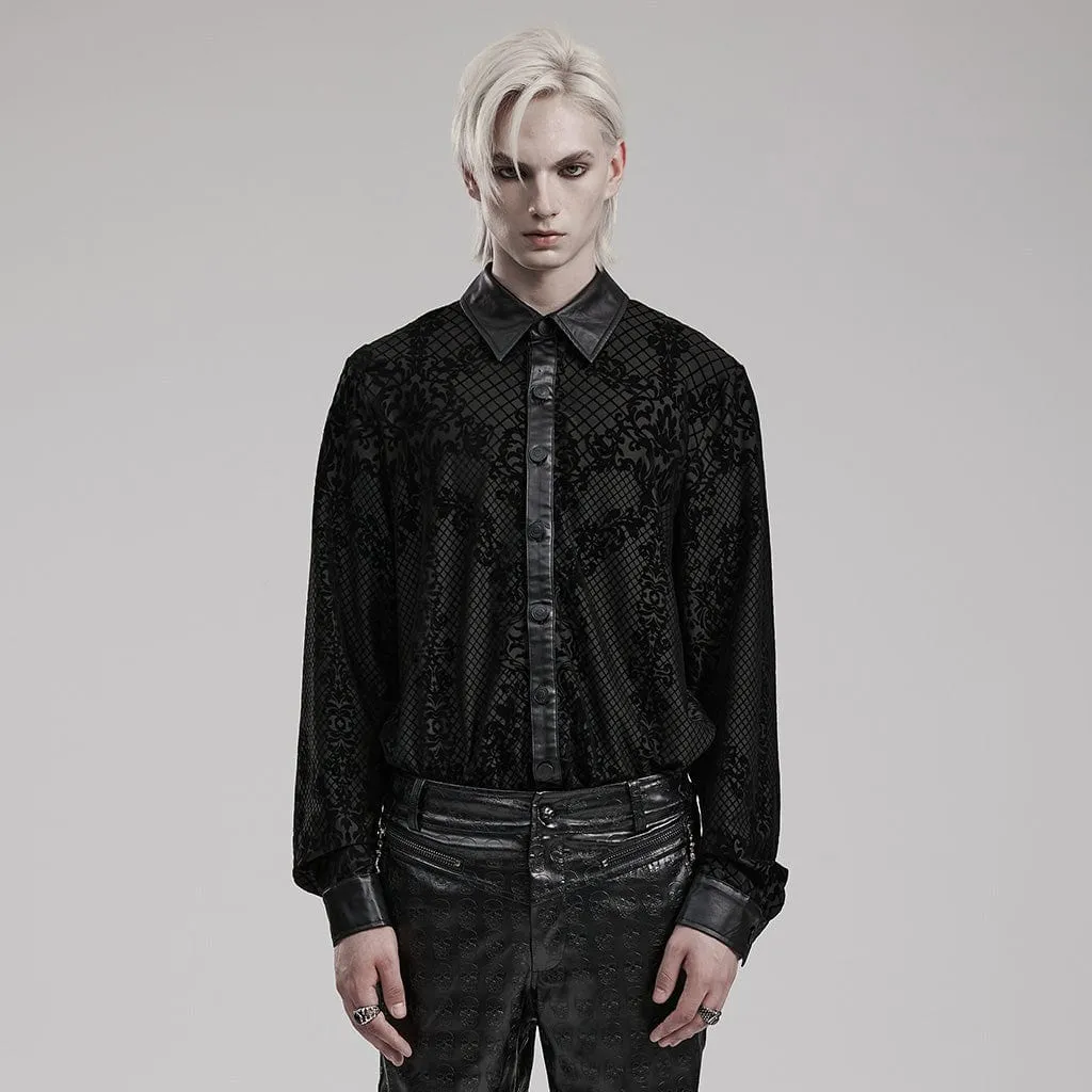 Men's Gothic Floral Printed Faux Leather Splice Shirt