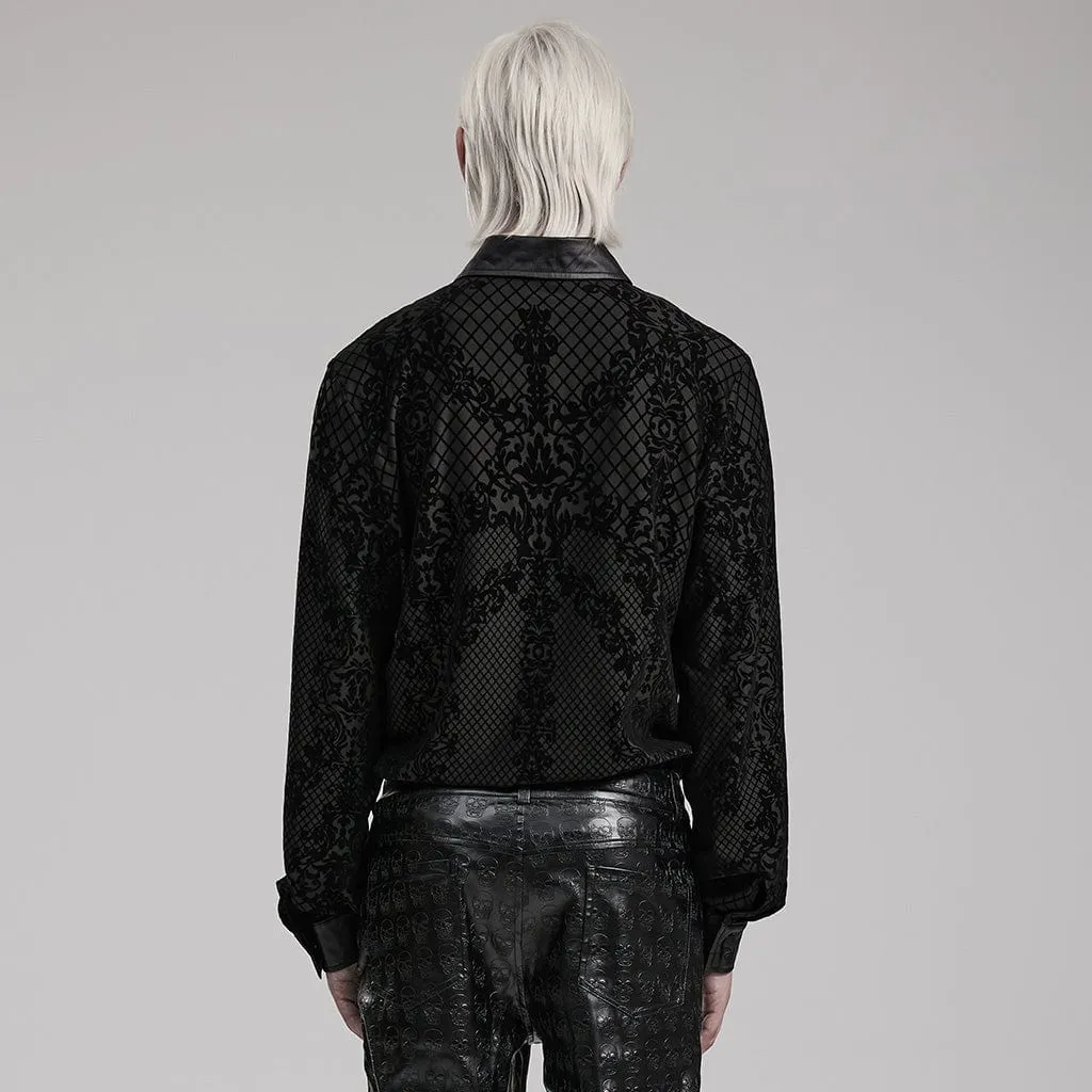 Men's Gothic Floral Printed Faux Leather Splice Shirt
