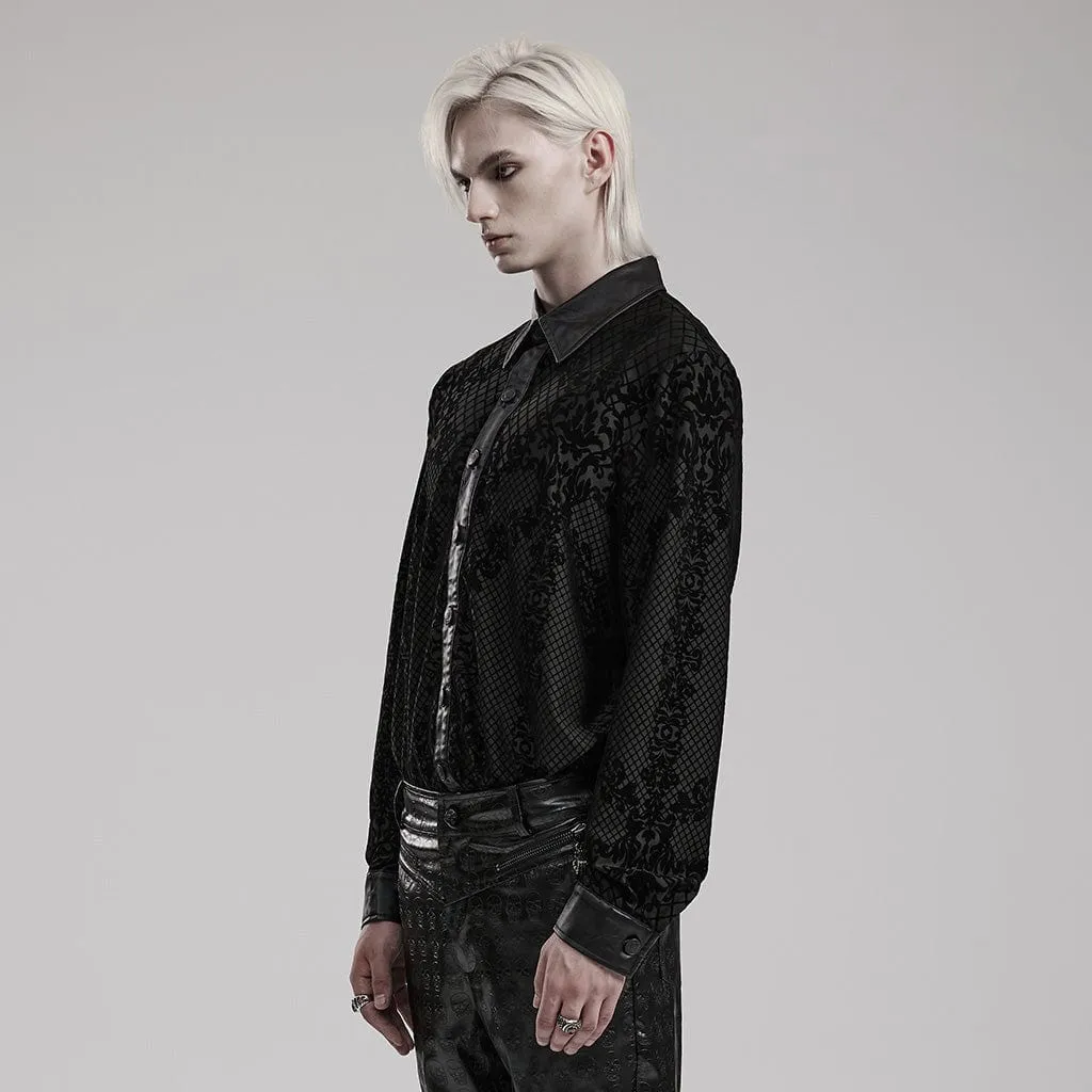 Men's Gothic Floral Printed Faux Leather Splice Shirt