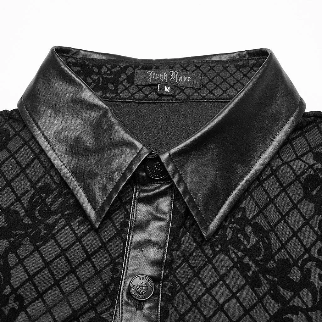 Men's Gothic Floral Printed Faux Leather Splice Shirt