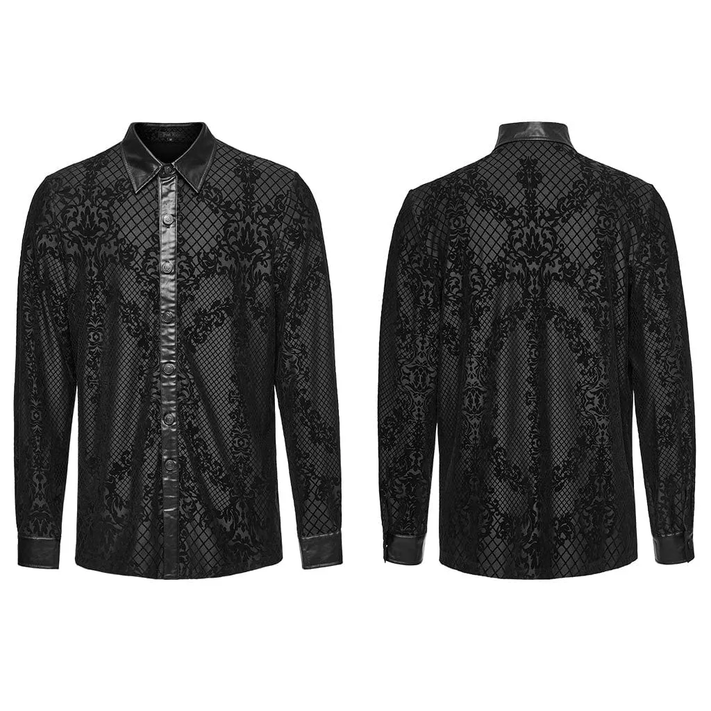 Men's Gothic Floral Printed Faux Leather Splice Shirt