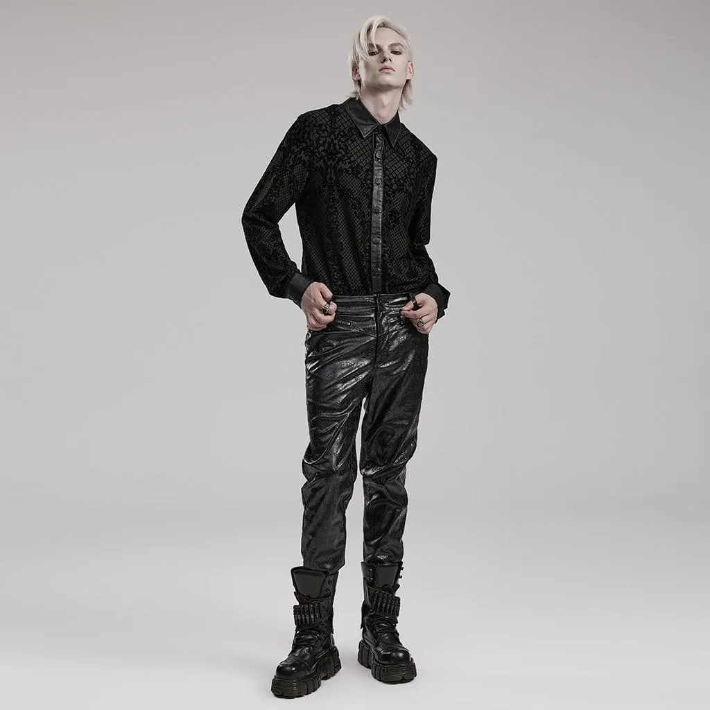 Men's Gothic Floral Printed Faux Leather Splice Shirt