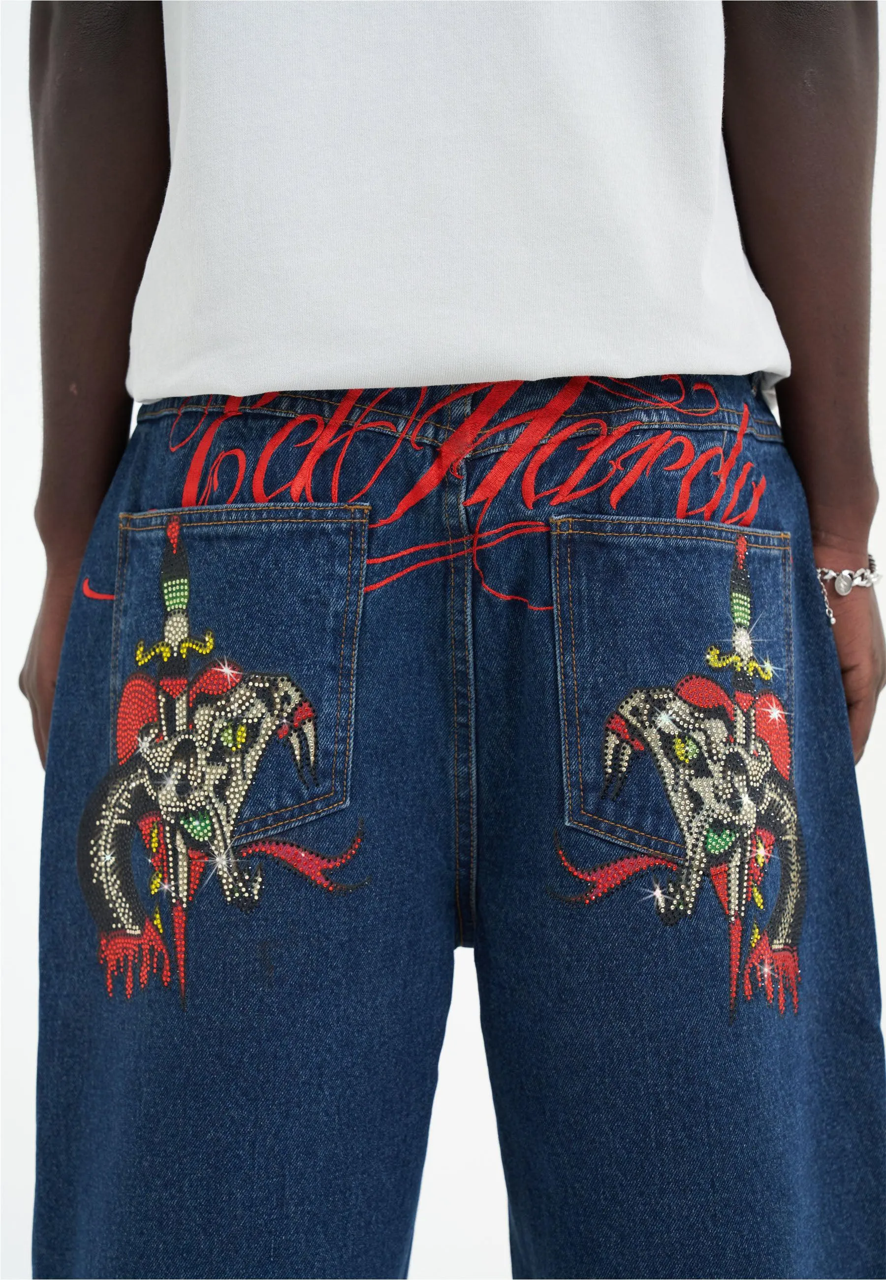 Mens Sever Snake Diamante Denim Jorts Shorts  - Indigo
