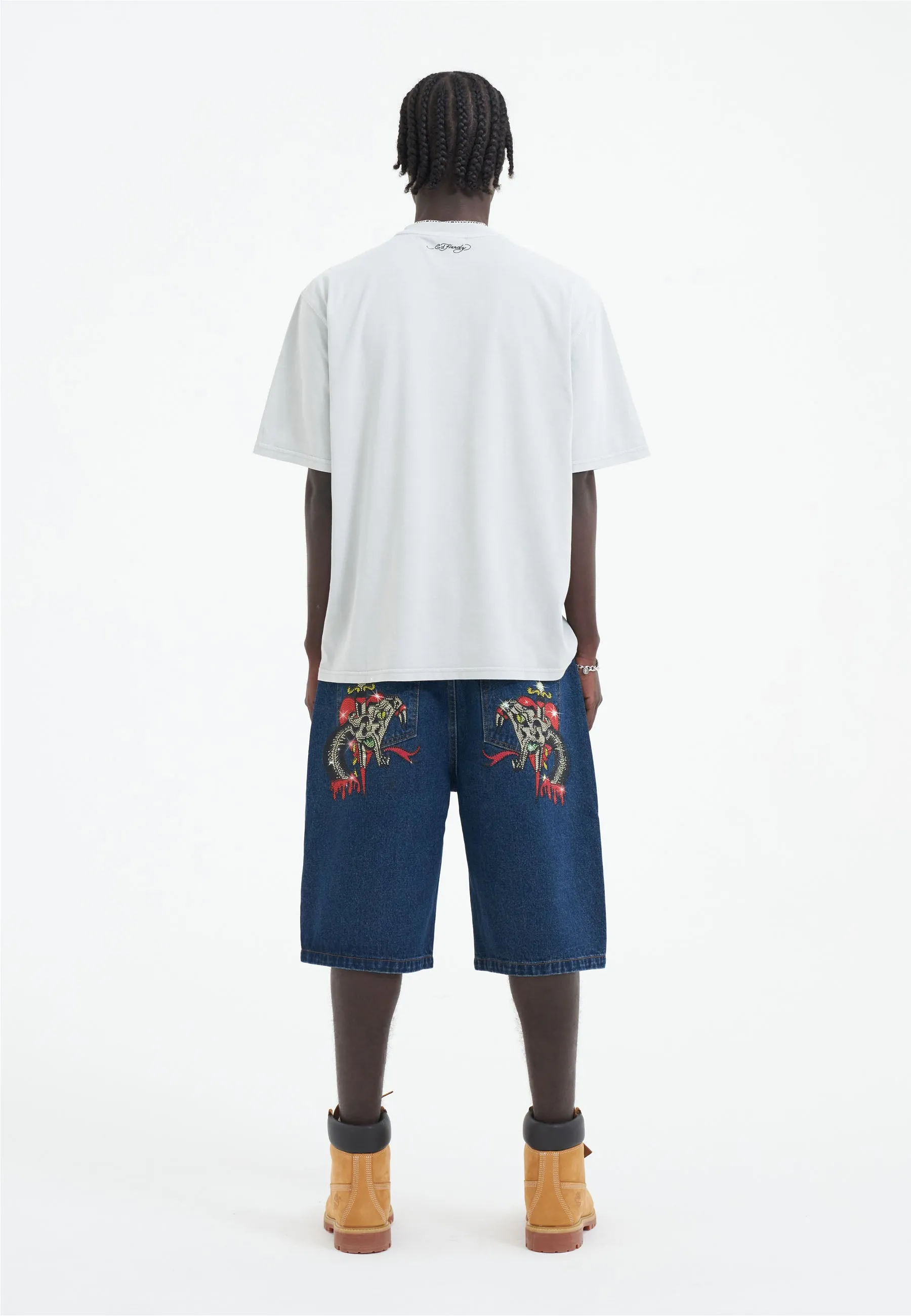 Mens Sever Snake Diamante Denim Jorts Shorts  - Indigo