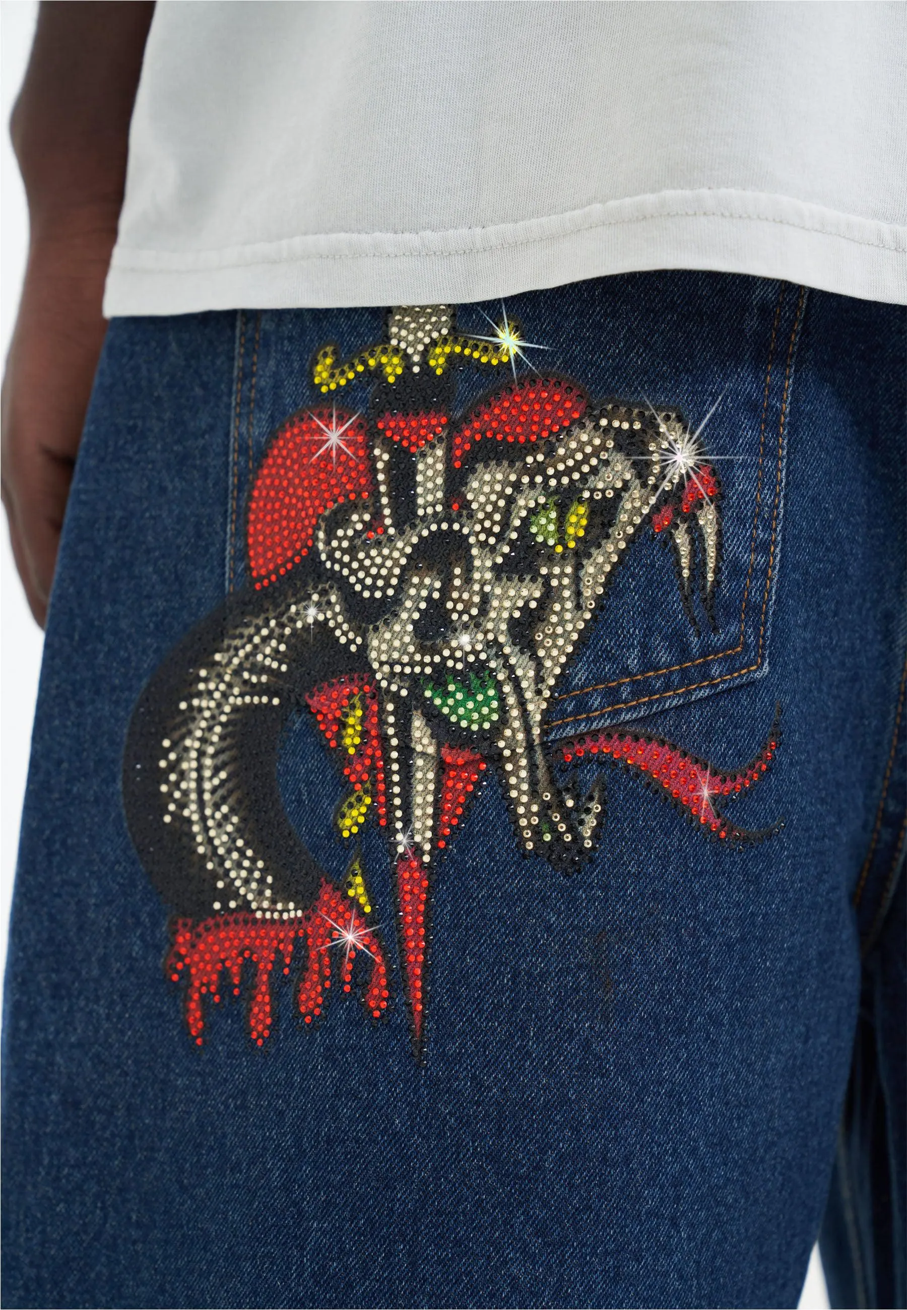 Mens Sever Snake Diamante Denim Jorts Shorts  - Indigo