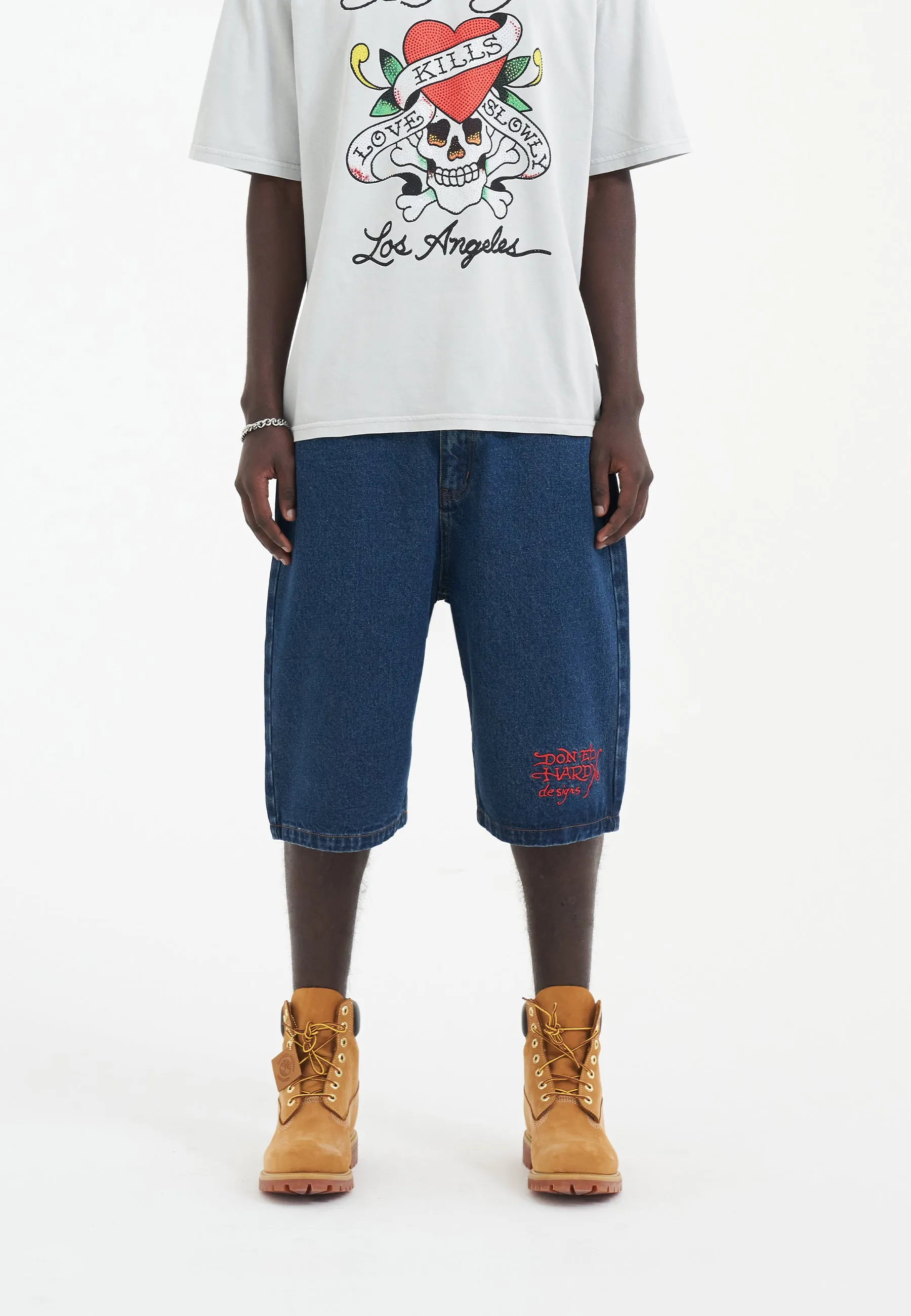 Mens Sever Snake Diamante Denim Jorts Shorts  - Indigo