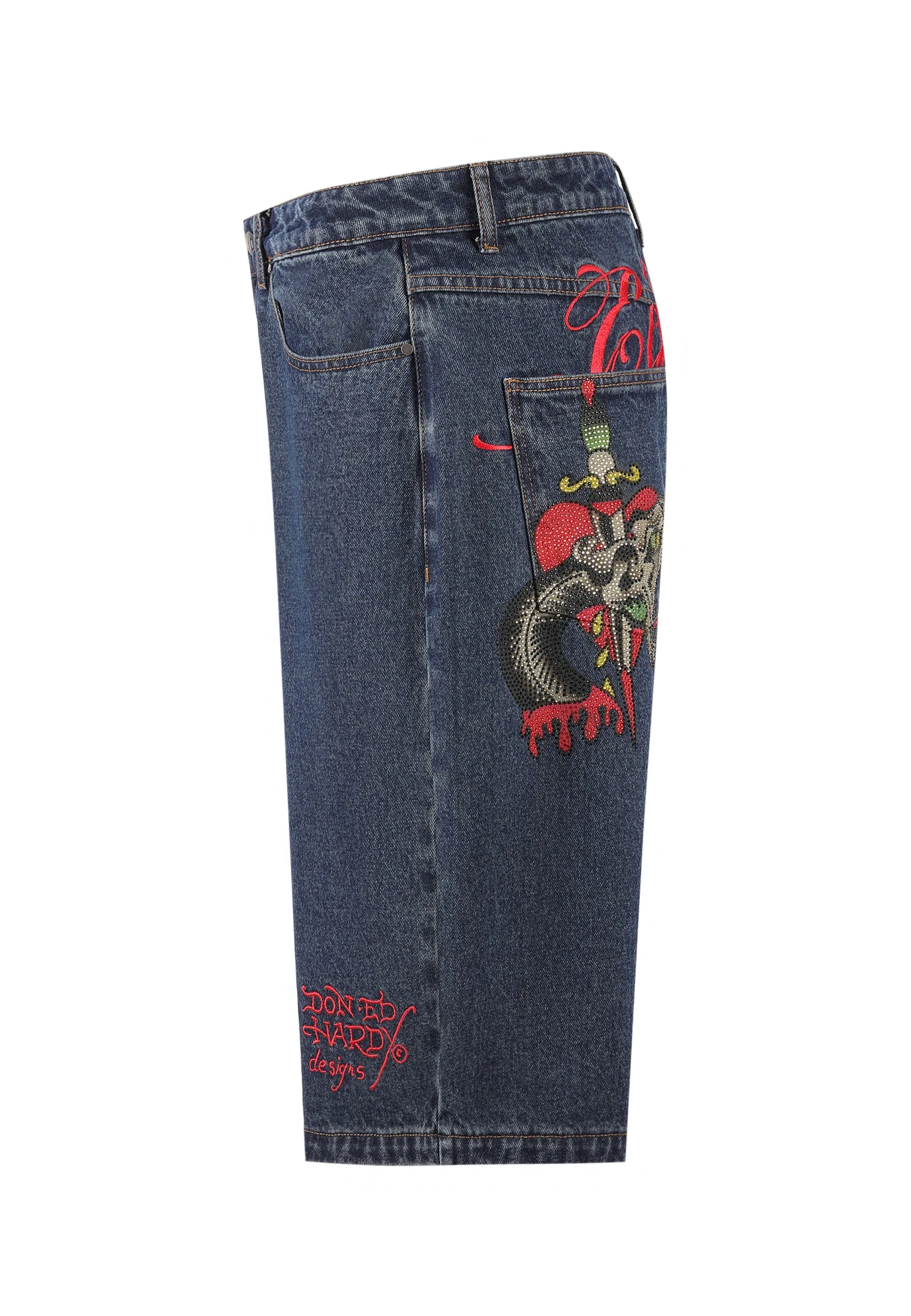 Mens Sever Snake Diamante Denim Jorts Shorts  - Indigo