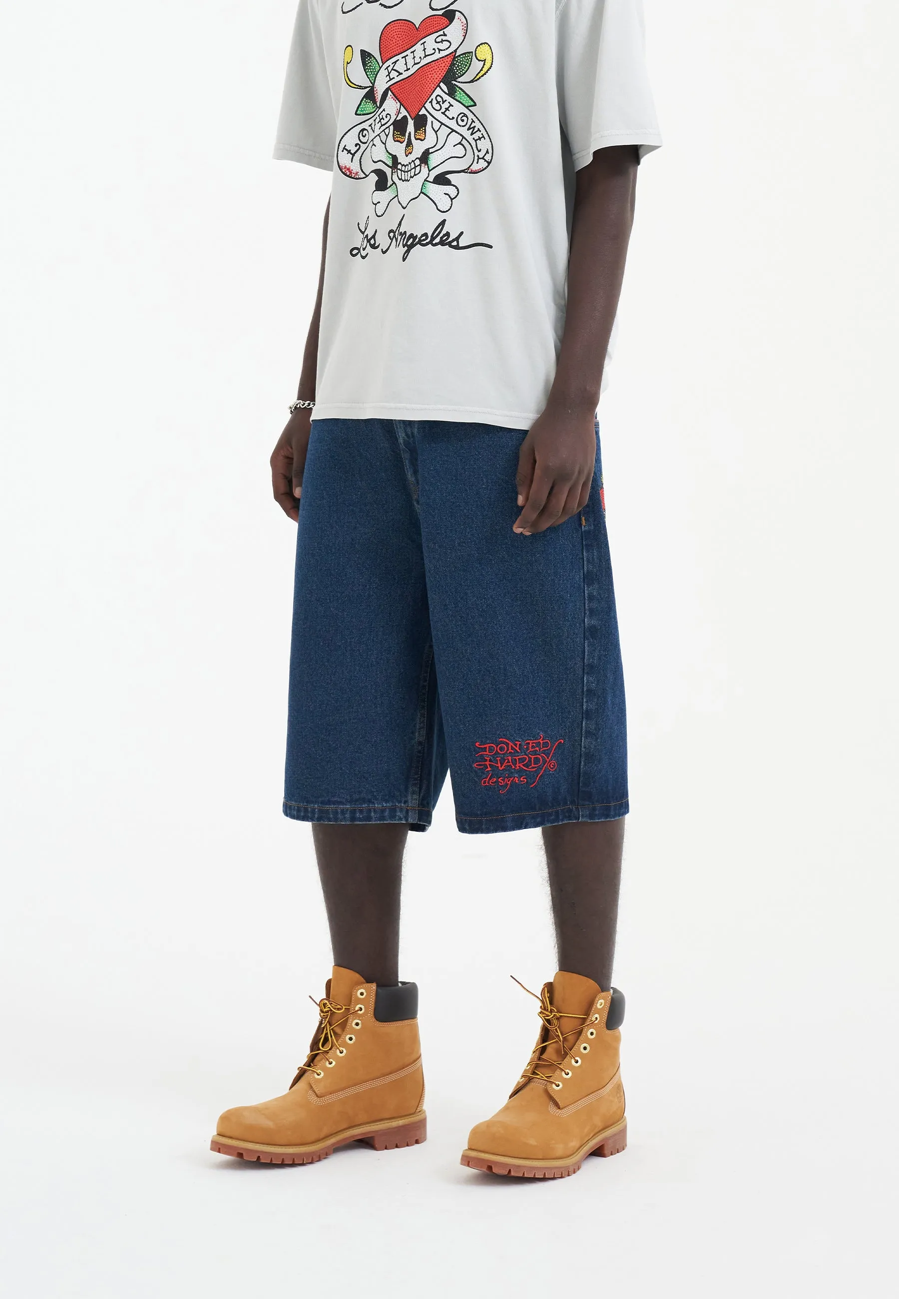 Mens Sever Snake Diamante Denim Jorts Shorts  - Indigo