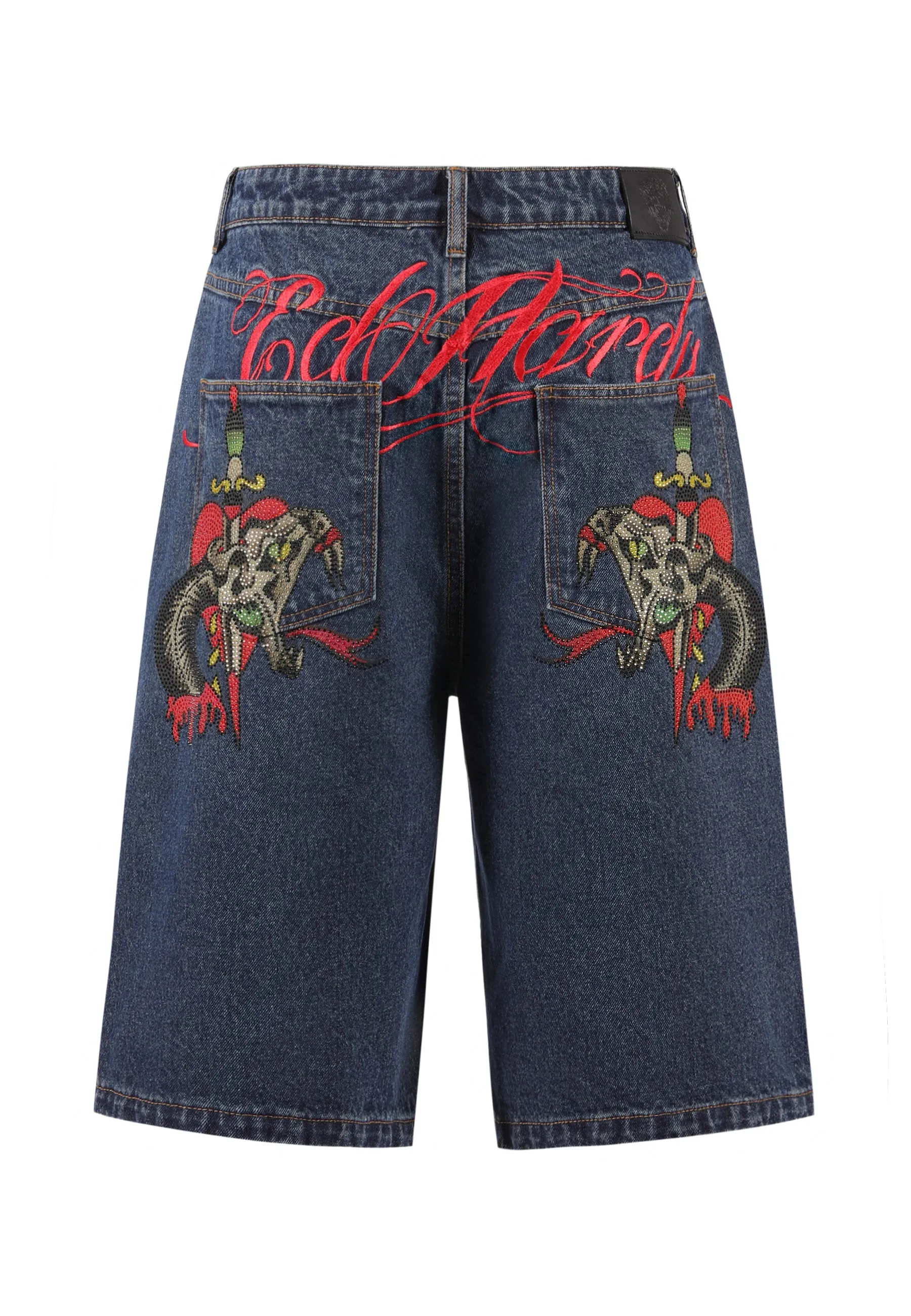 Mens Sever Snake Diamante Denim Jorts Shorts  - Indigo