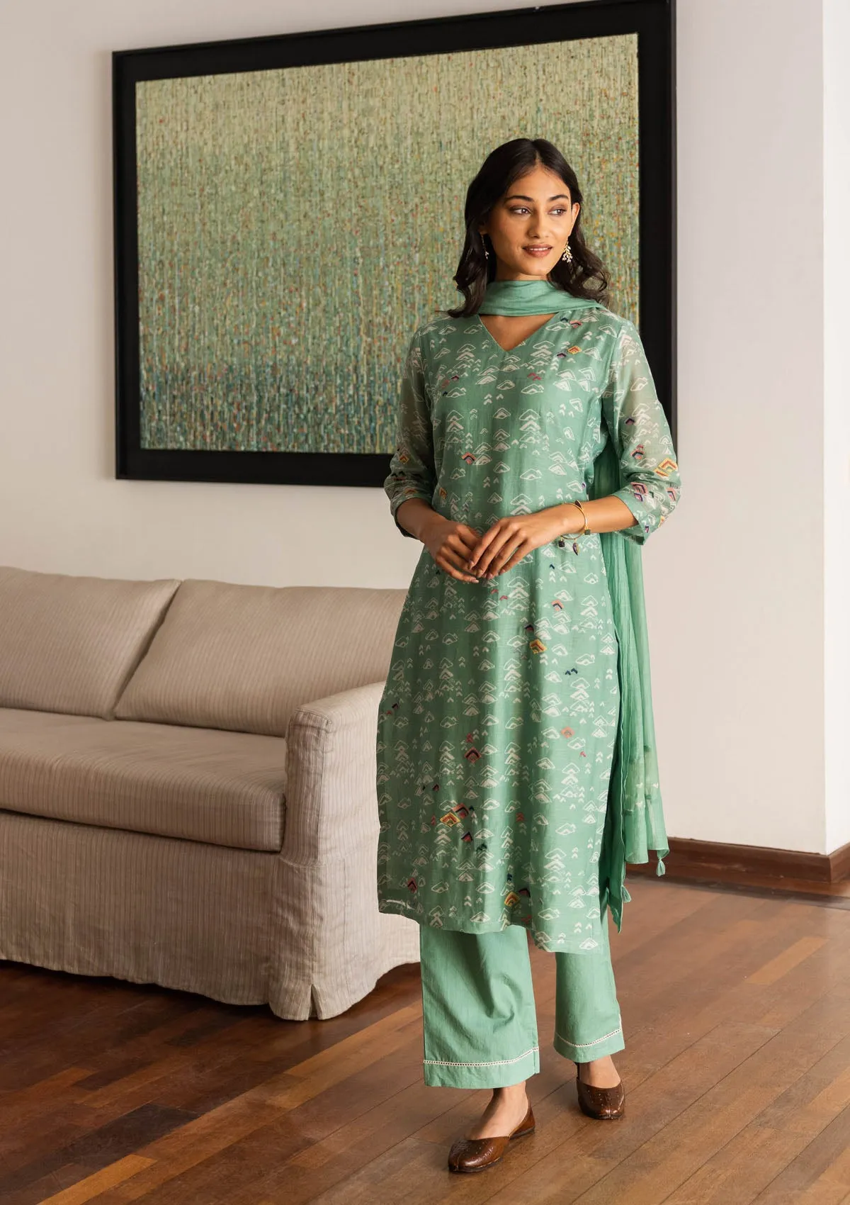Mint Geometric Print Kurta Set